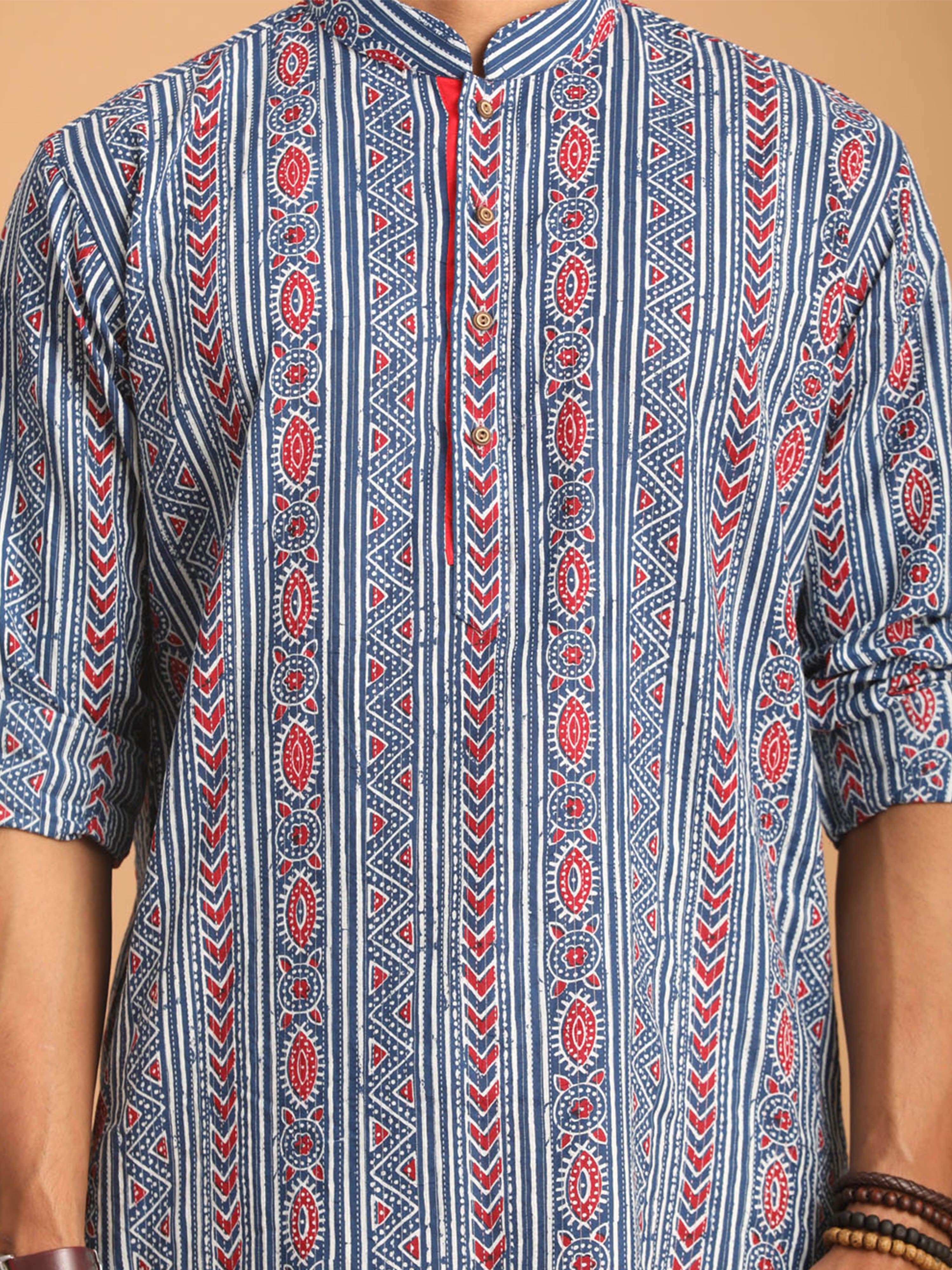 Men Blue Ethnic Motif & Kantha Print Cotton Kurta with Navy Blue Solid Cotton Pant Set