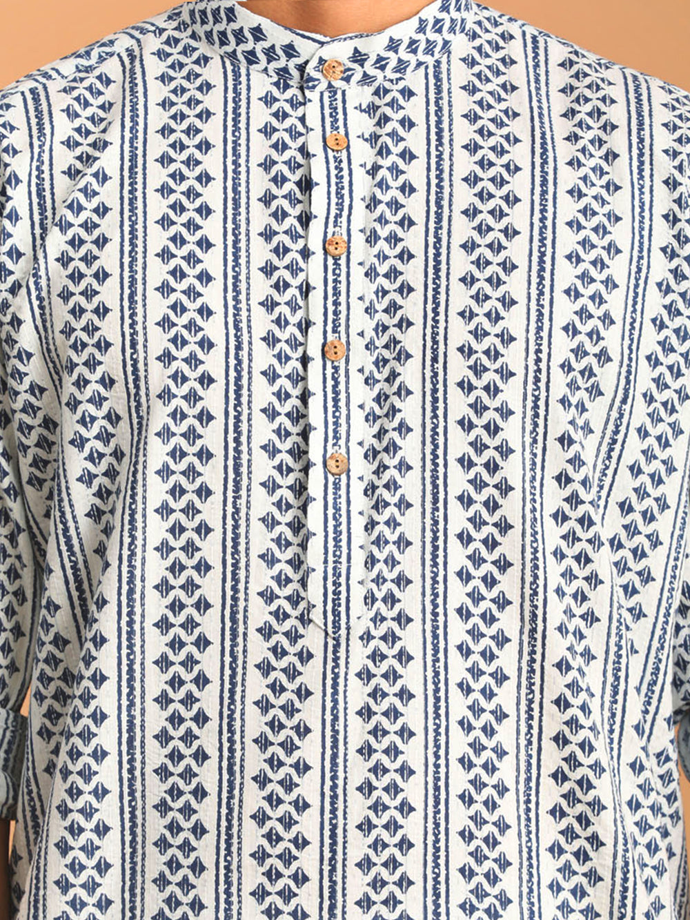 White & Blue Printed Cotton Kurta Pant Set for Men