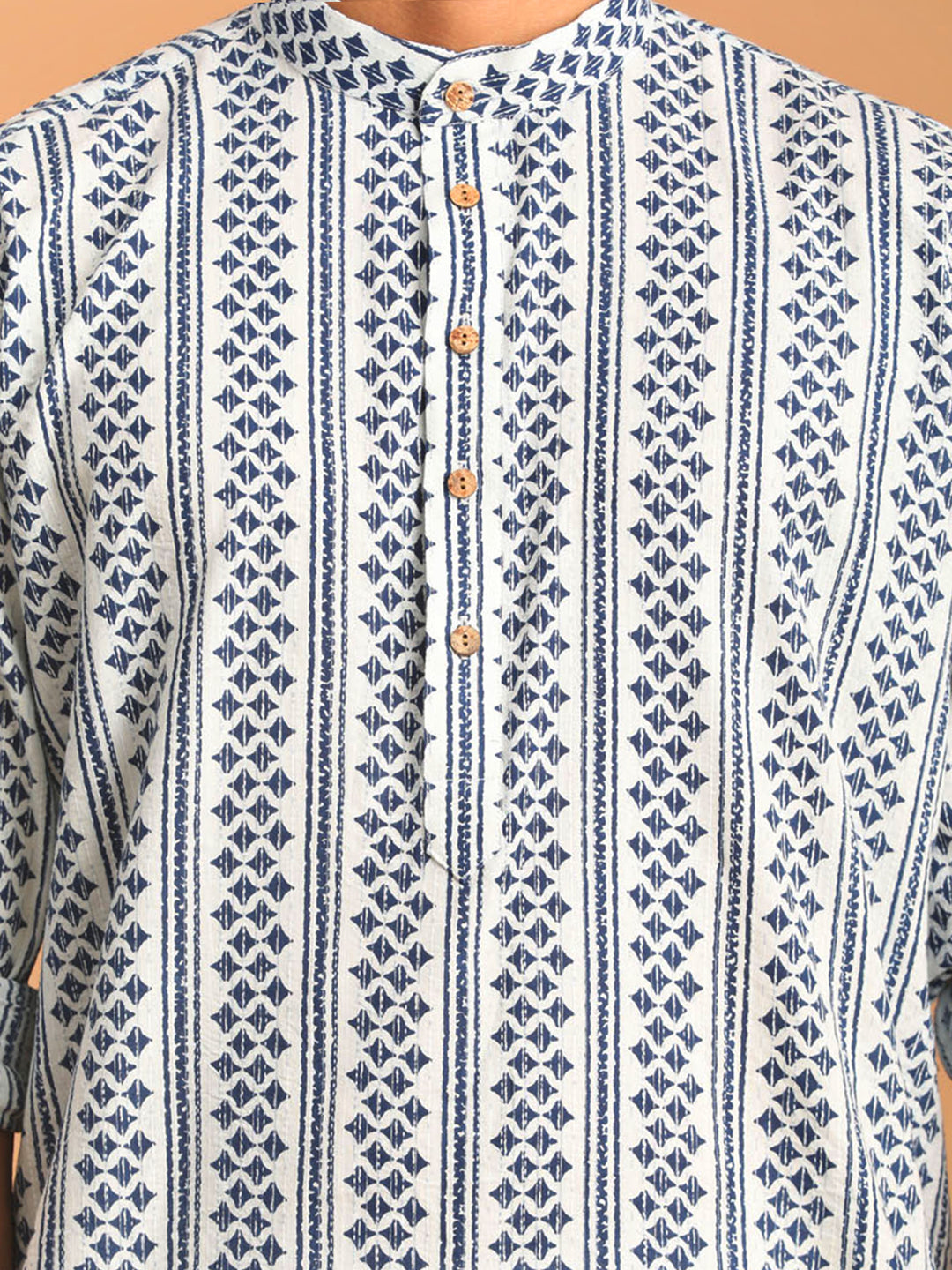 White &amp; Blue Printed Cotton Kurta Pant Set for Men