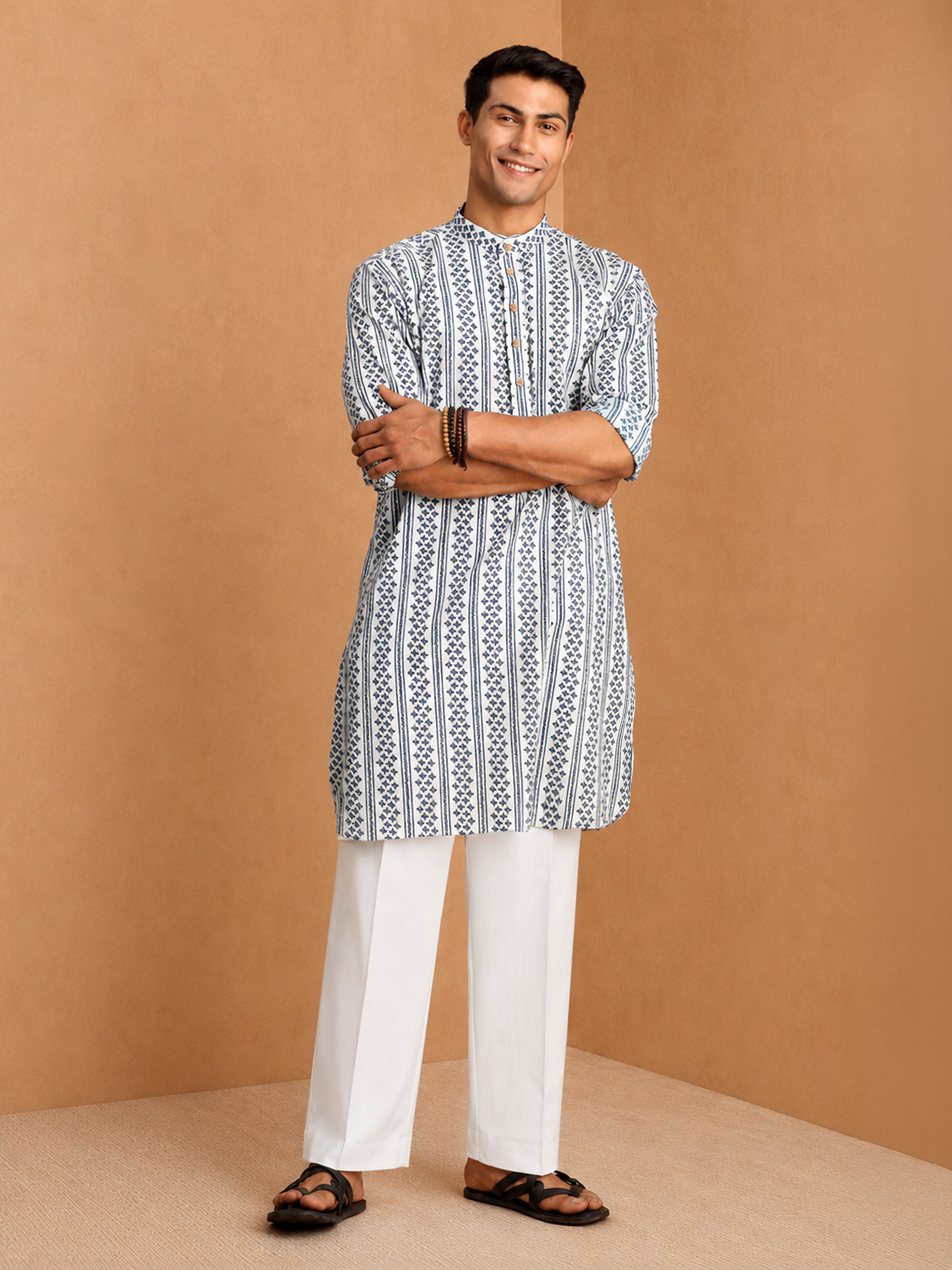 Men's White  Printed Knee Length Kurta Pant Set with Wide Leg Pant