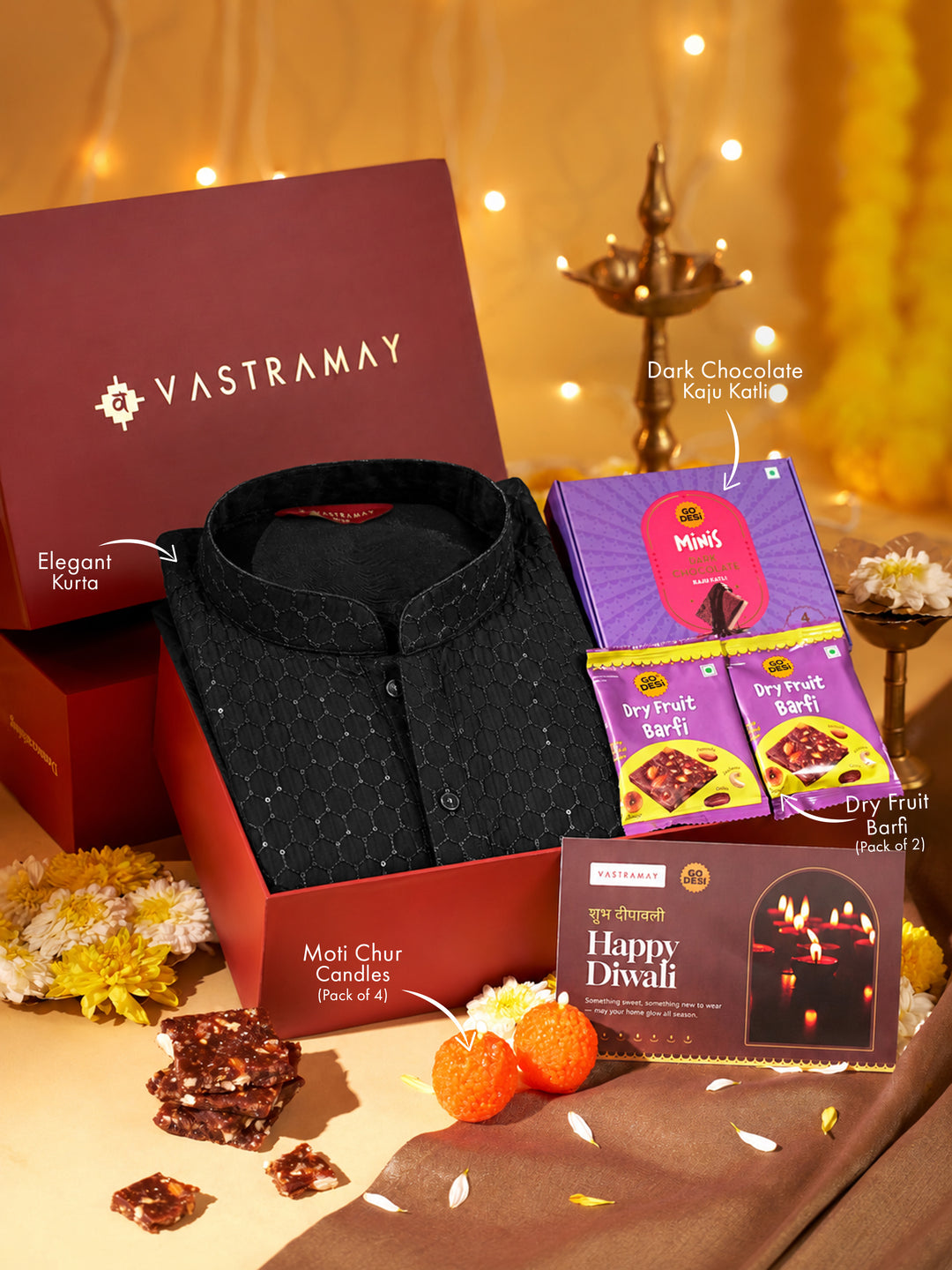 Vastramay Black Sequin Georgette Kurta | Diwali Gift Box with Go Desi Mithai &amp; 4 Laddoo Candles