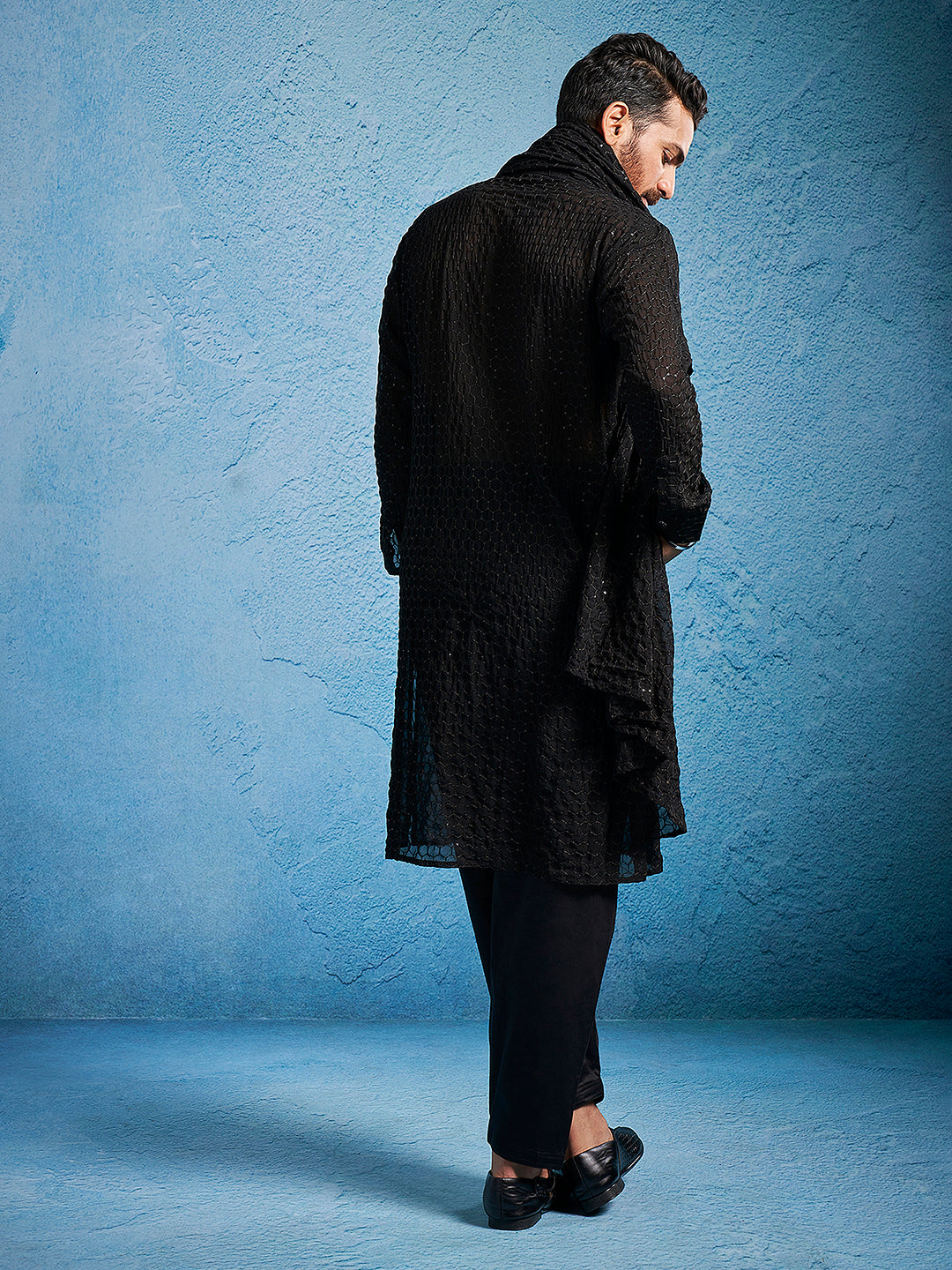 Men's Black Georgette Kurta, Pyjama & Dupatta Set