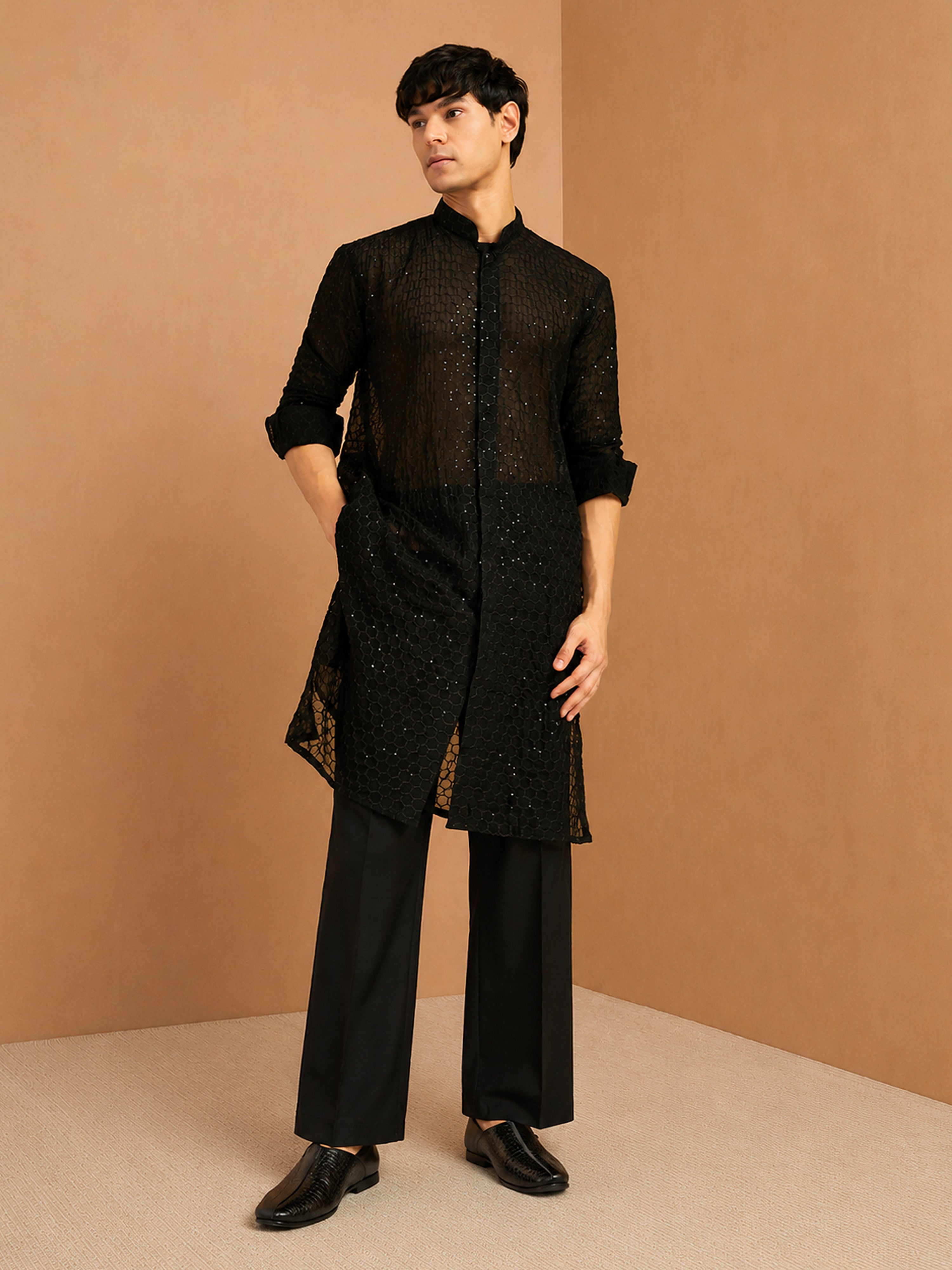 Men's Black  Embroidered, Sequin Knee Length Kurta Pant Set with Wide Leg Pant