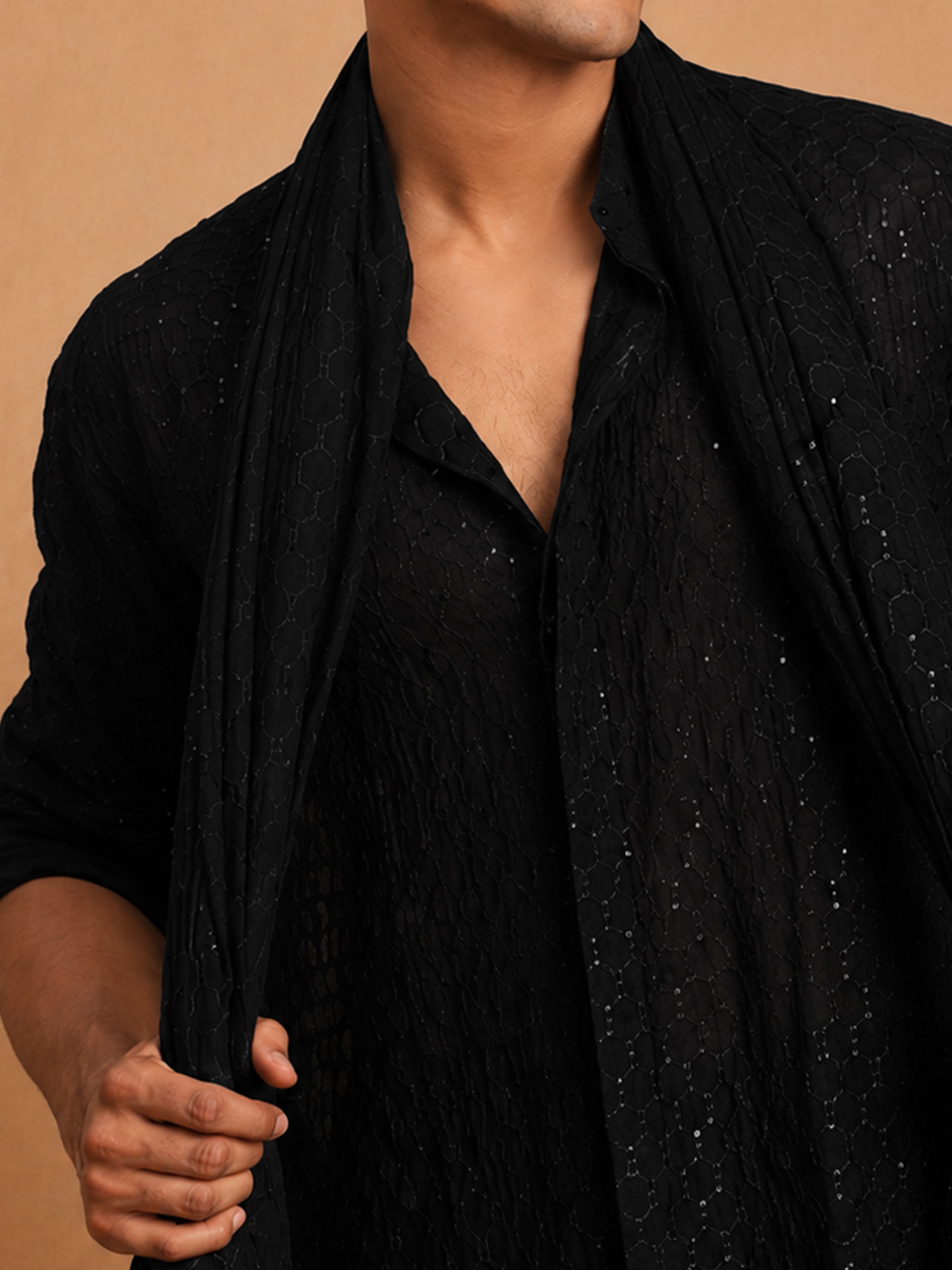 Men's Black Embroidered Sequin Kurta Wide Leg Pant Set