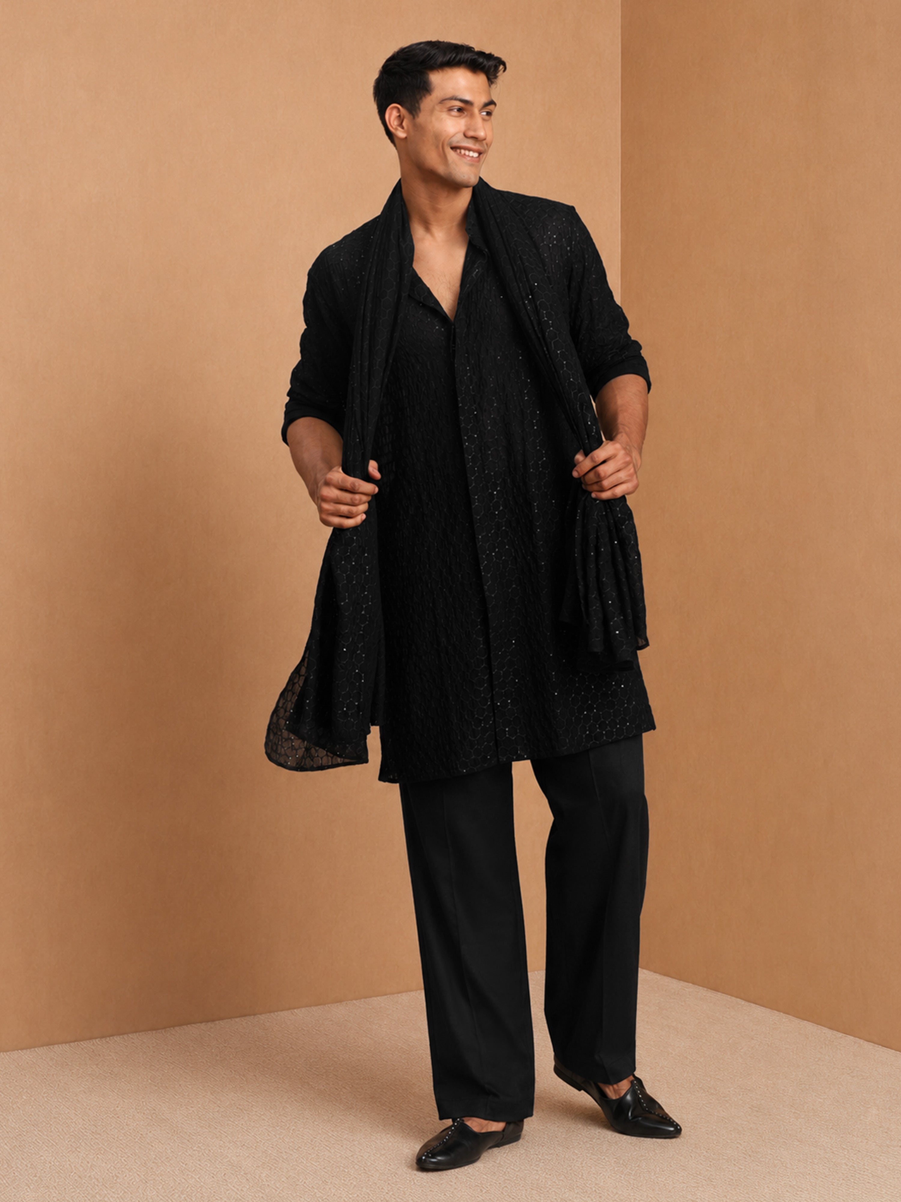 Men's Black  Embroidered, Sequin Knee Length Kurta Pant Set with Wide Leg Pant