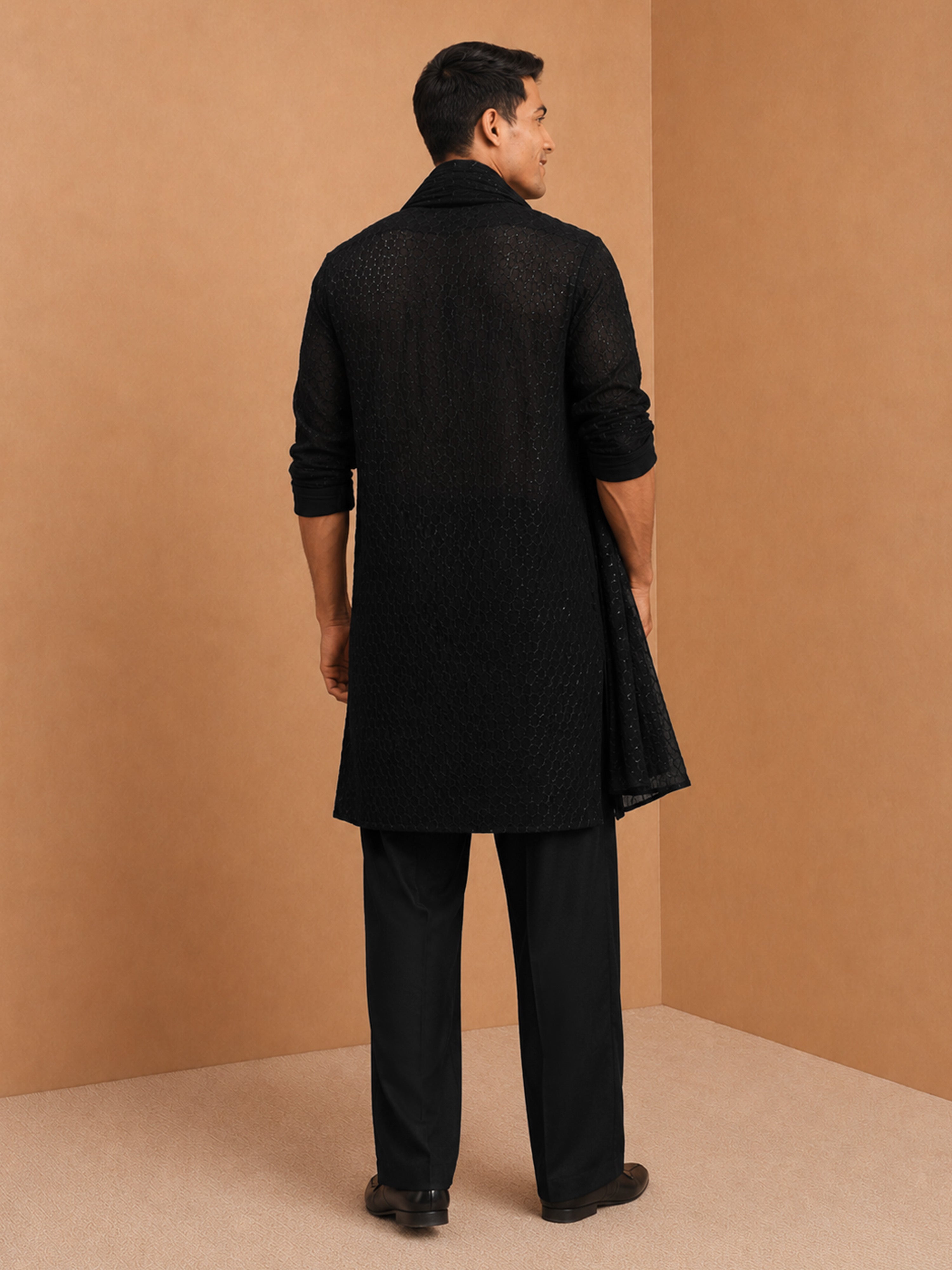Men's Black  Embroidered, Sequin Knee Length Kurta Pant Set with Wide Leg Pant