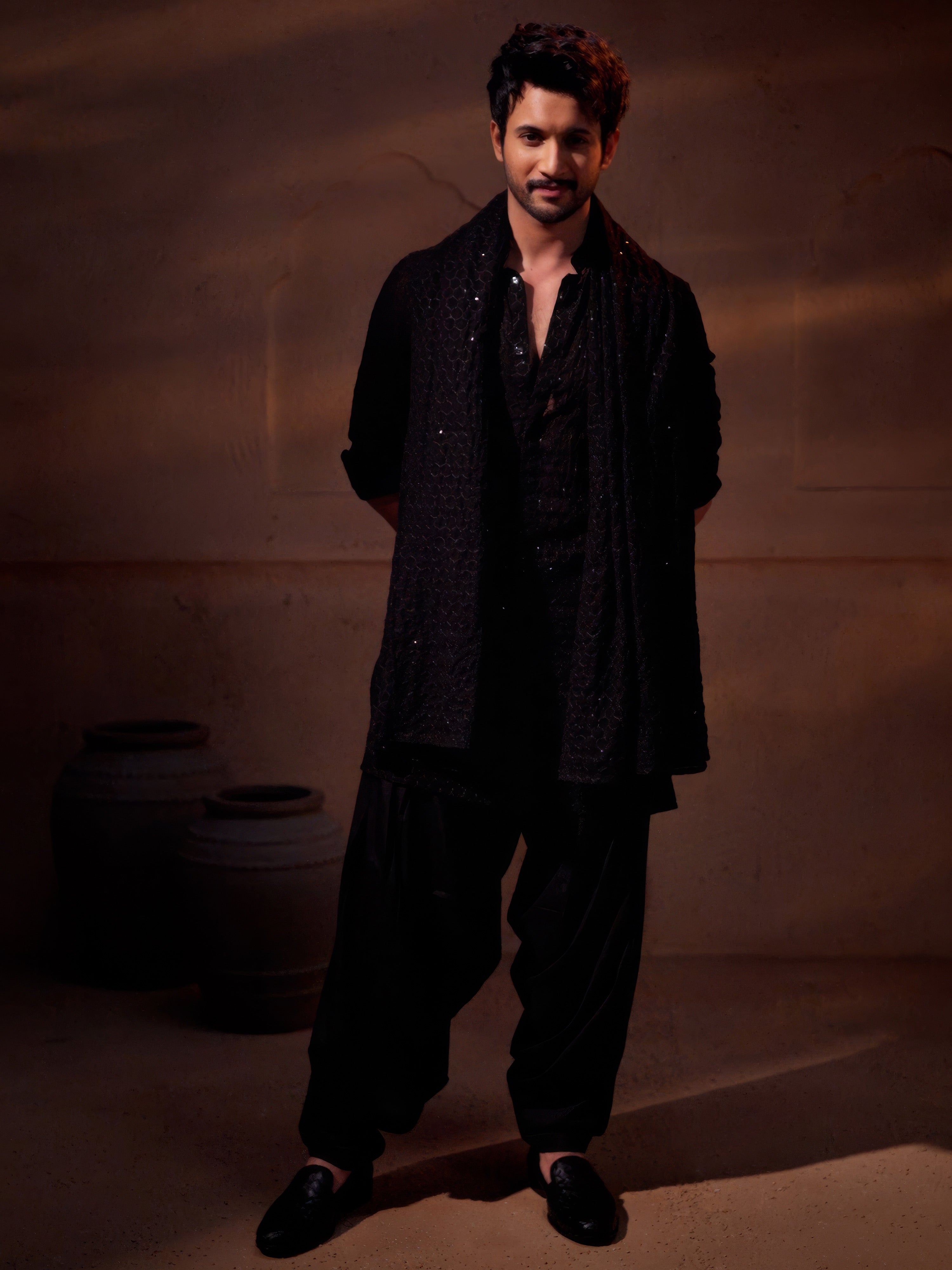 Men's Black Sequined Front Open Georgette Kurta With Patiala And Dupatta Set