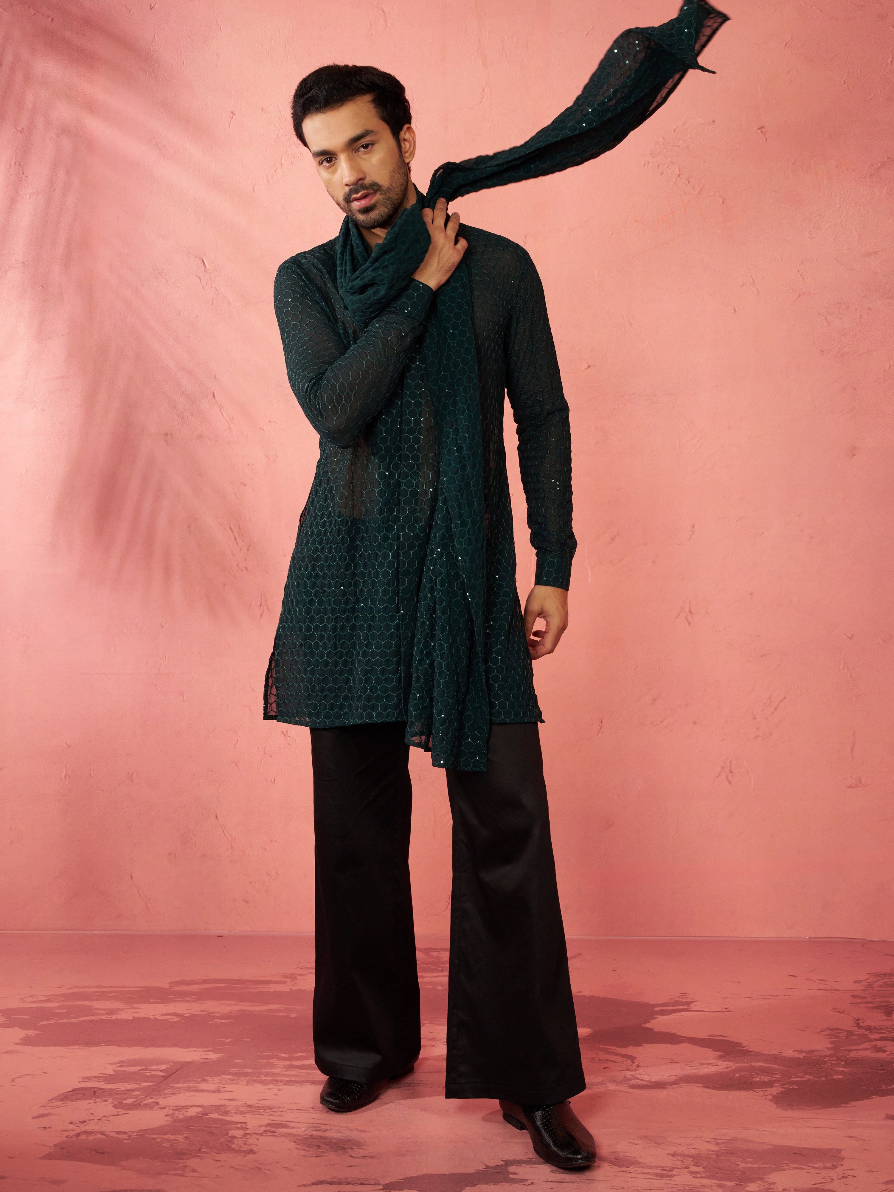 Men's Complete Bottle Green Kurta Set with Pant and Dupatta