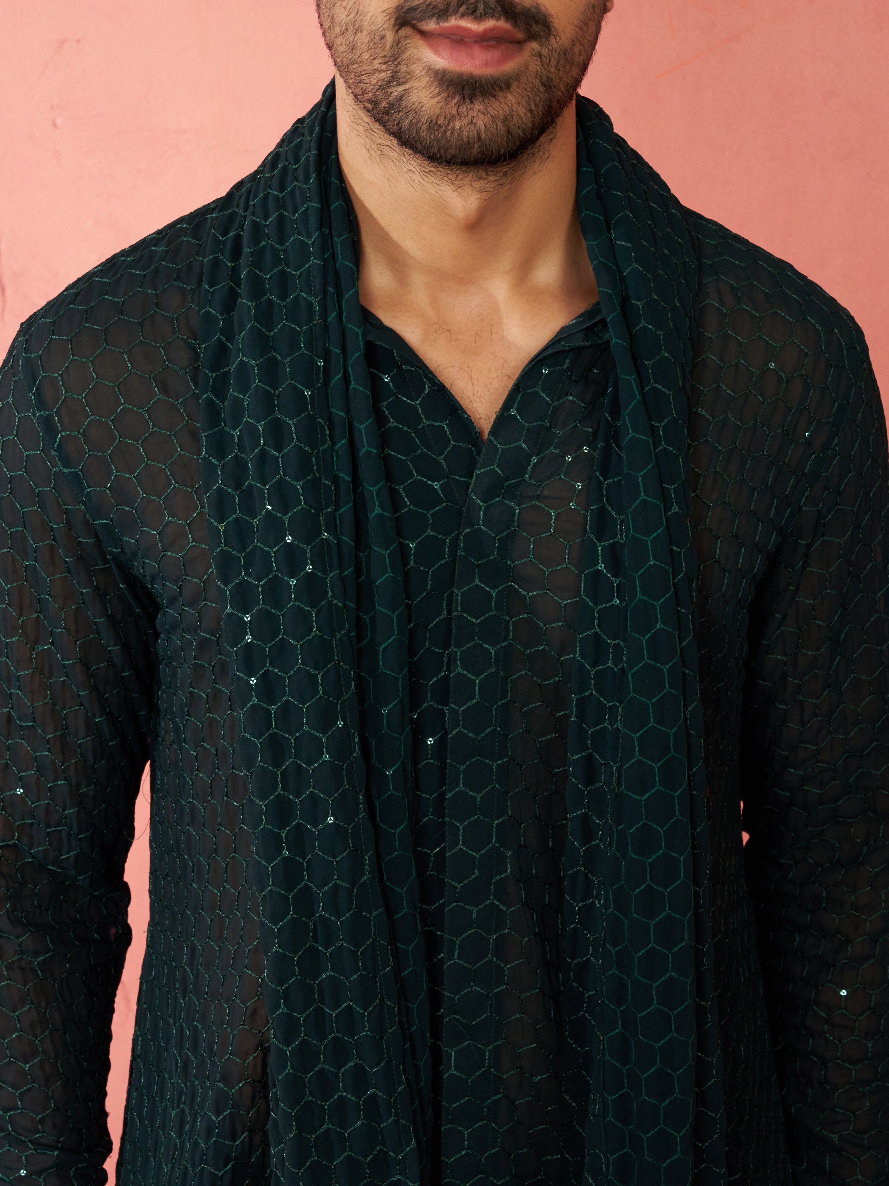 Men's Complete Bottle Green Kurta Set with Pant and Dupatta