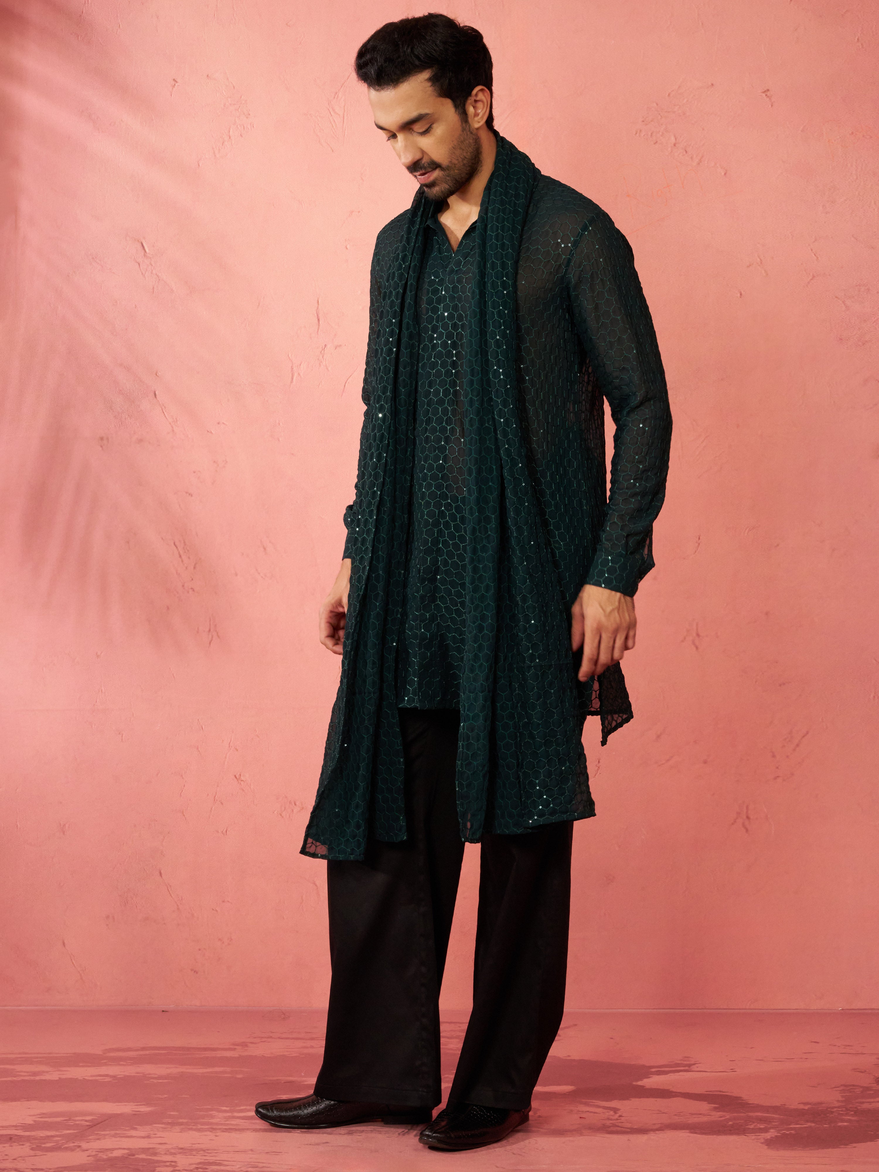 Men's Complete Bottle Green Kurta Set with Pant and Dupatta