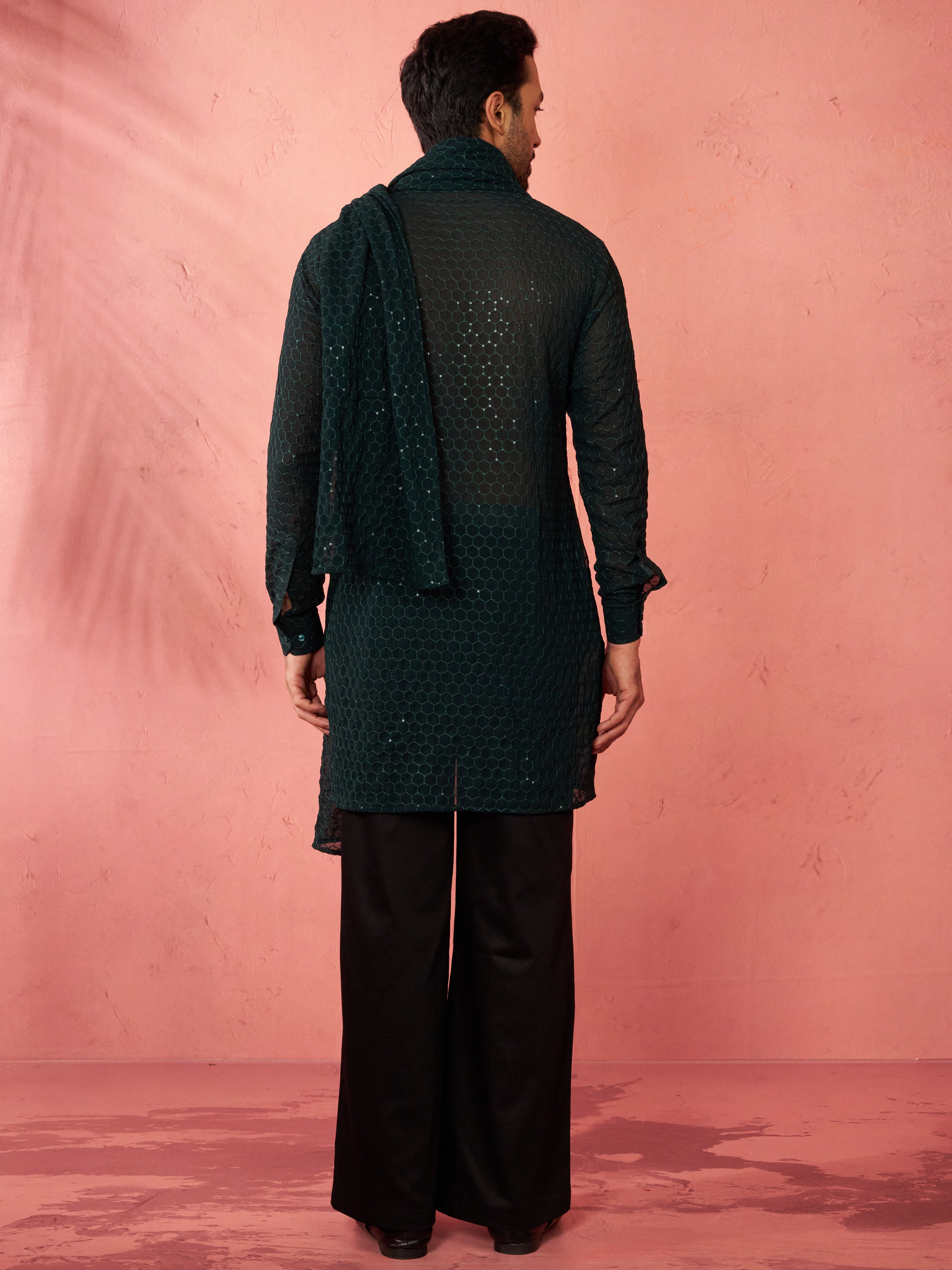 Men's Complete Bottle Green Kurta Set with Pant and Dupatta