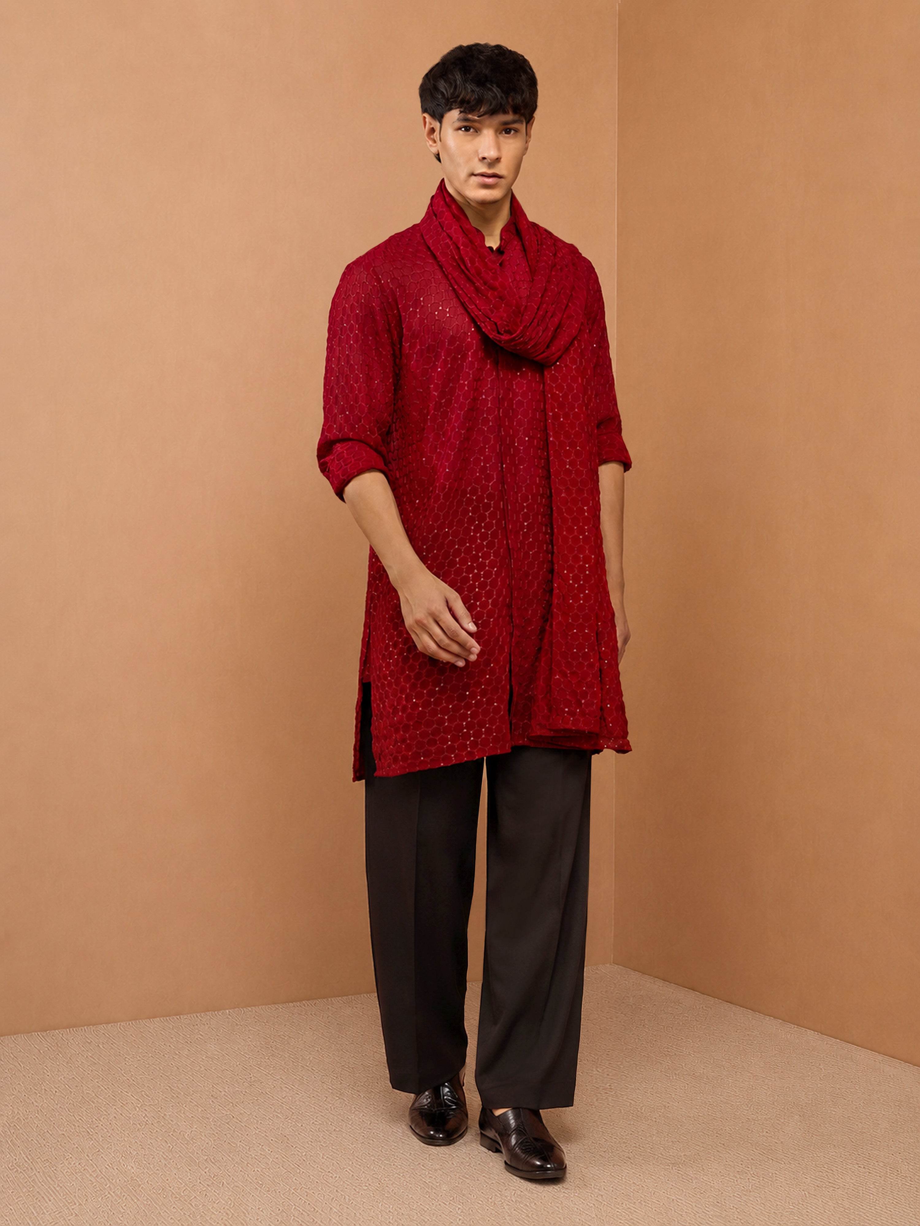Men's Maroon  Embroidered, Sequin Knee Length Kurta Pant Set with Wide Leg Pant