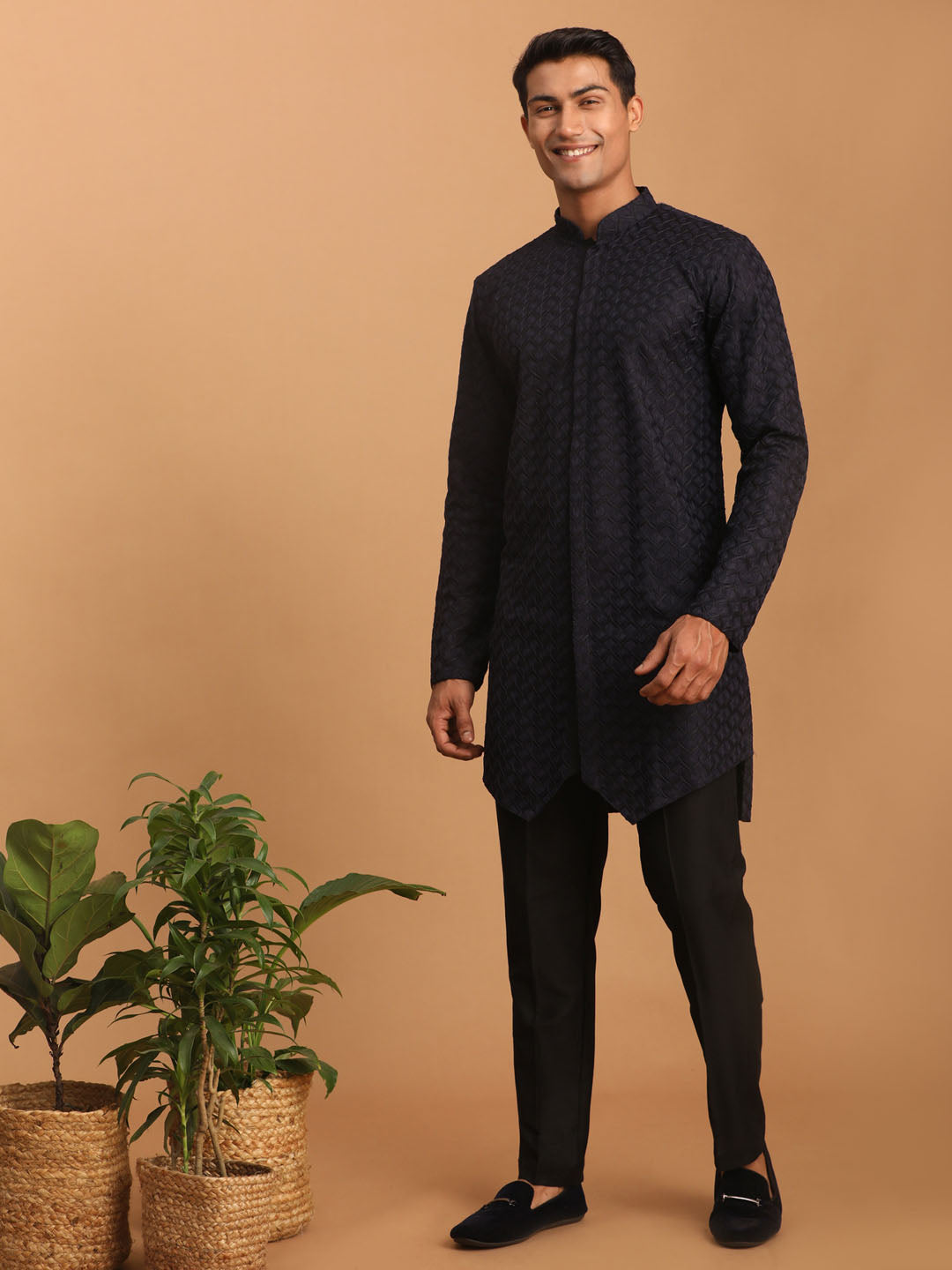 Men Black Jacquard Silk Blend Kurta with Black Viscose Pyjama Set