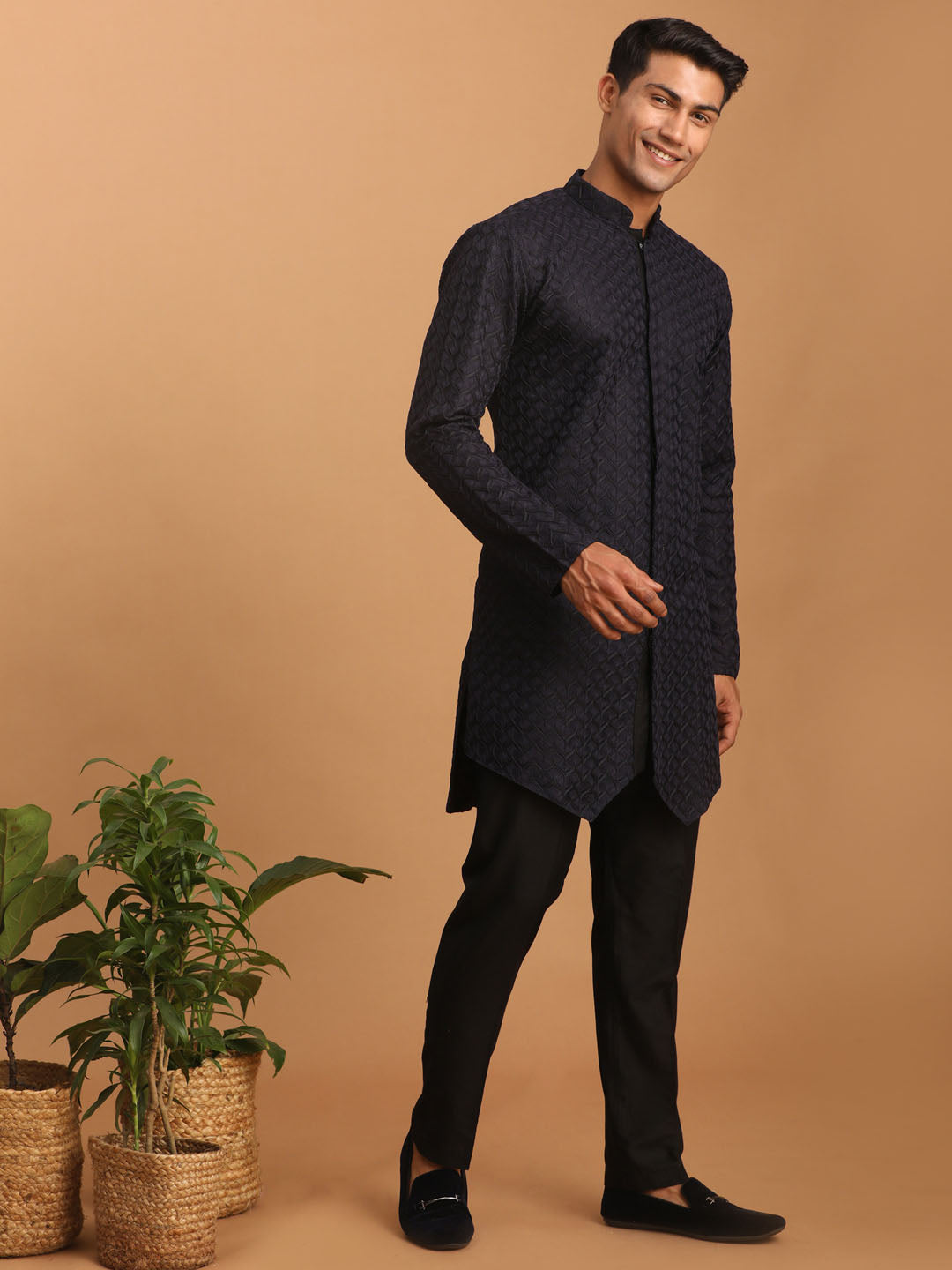 Men Black Jacquard Silk Blend Kurta with Black Viscose Pyjama Set