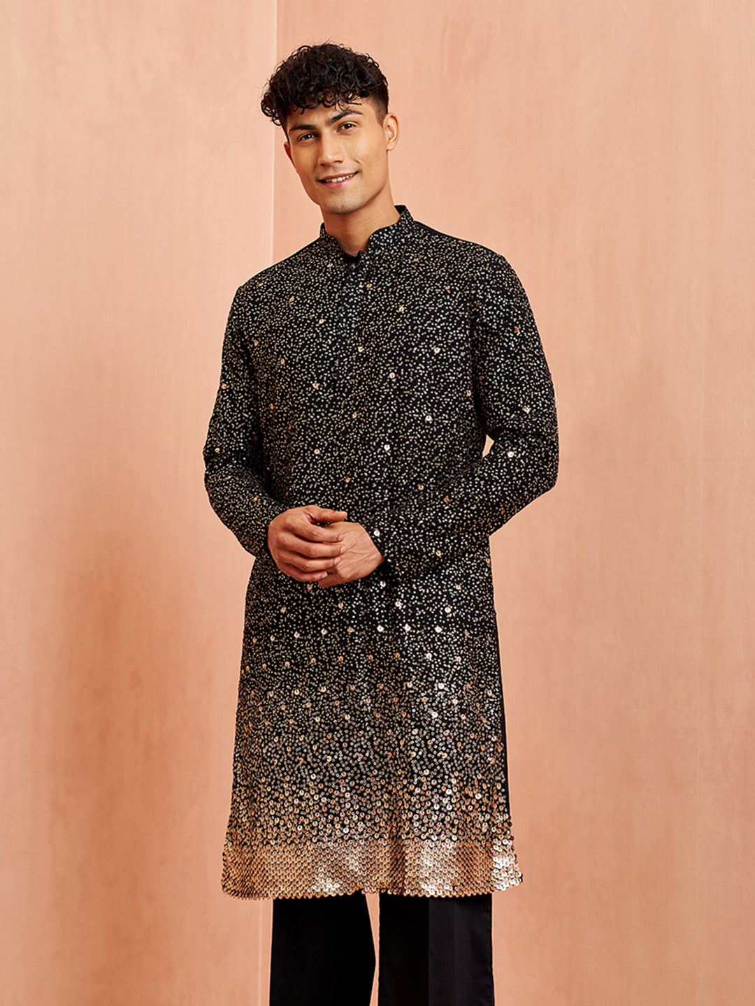 Men's Black Georgette Zari With Sequins Worked Kurta