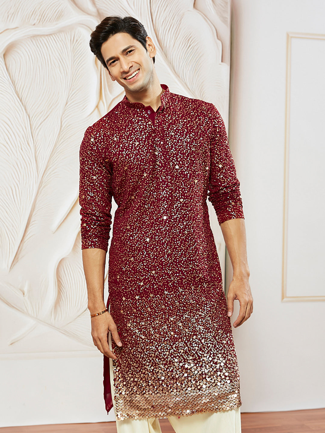 Men's Maroon Georgette Zari With Sequins Worked Kurta