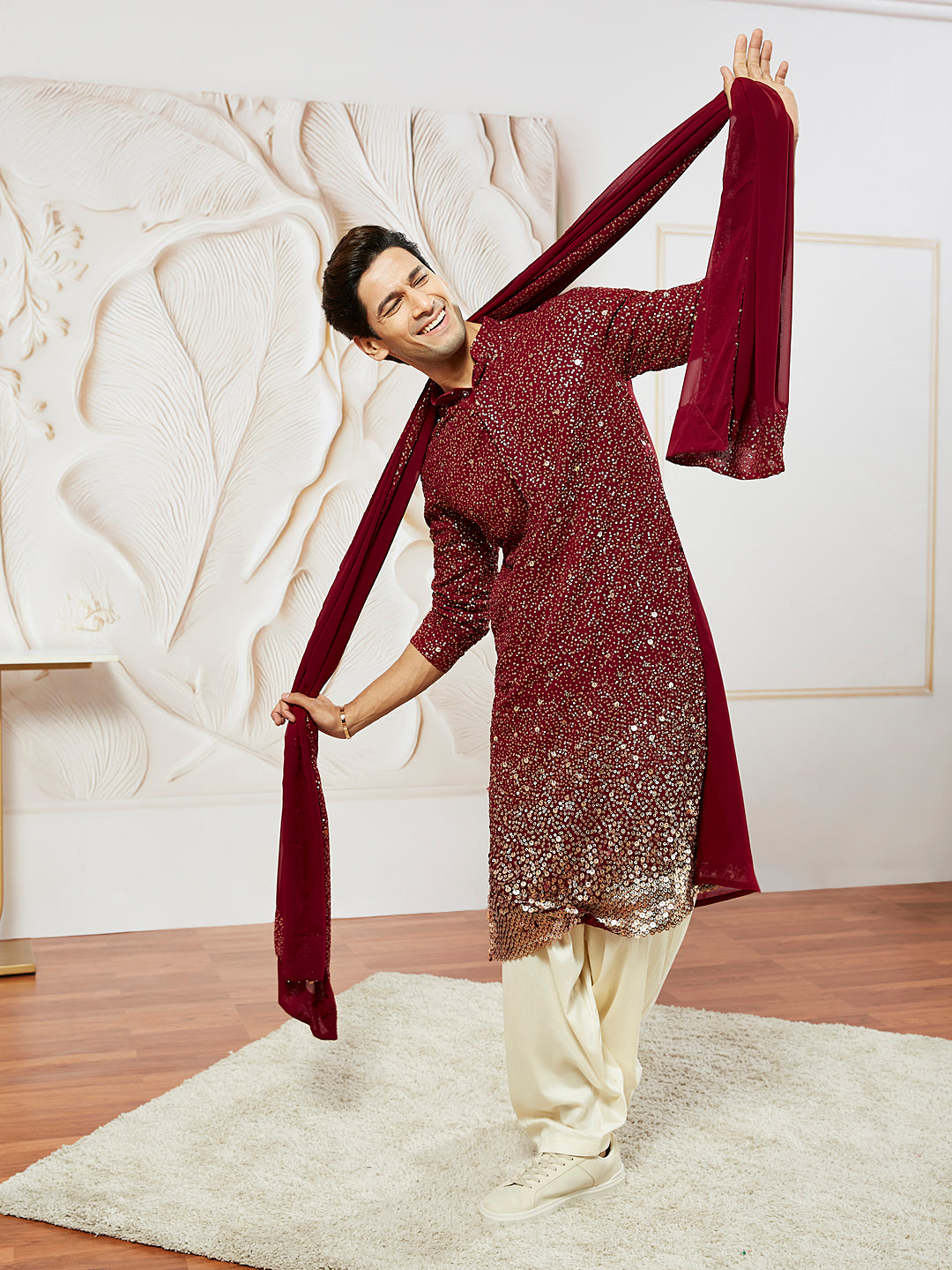Men's Maroon Georgette Kurta Patiala And Dupatta Set