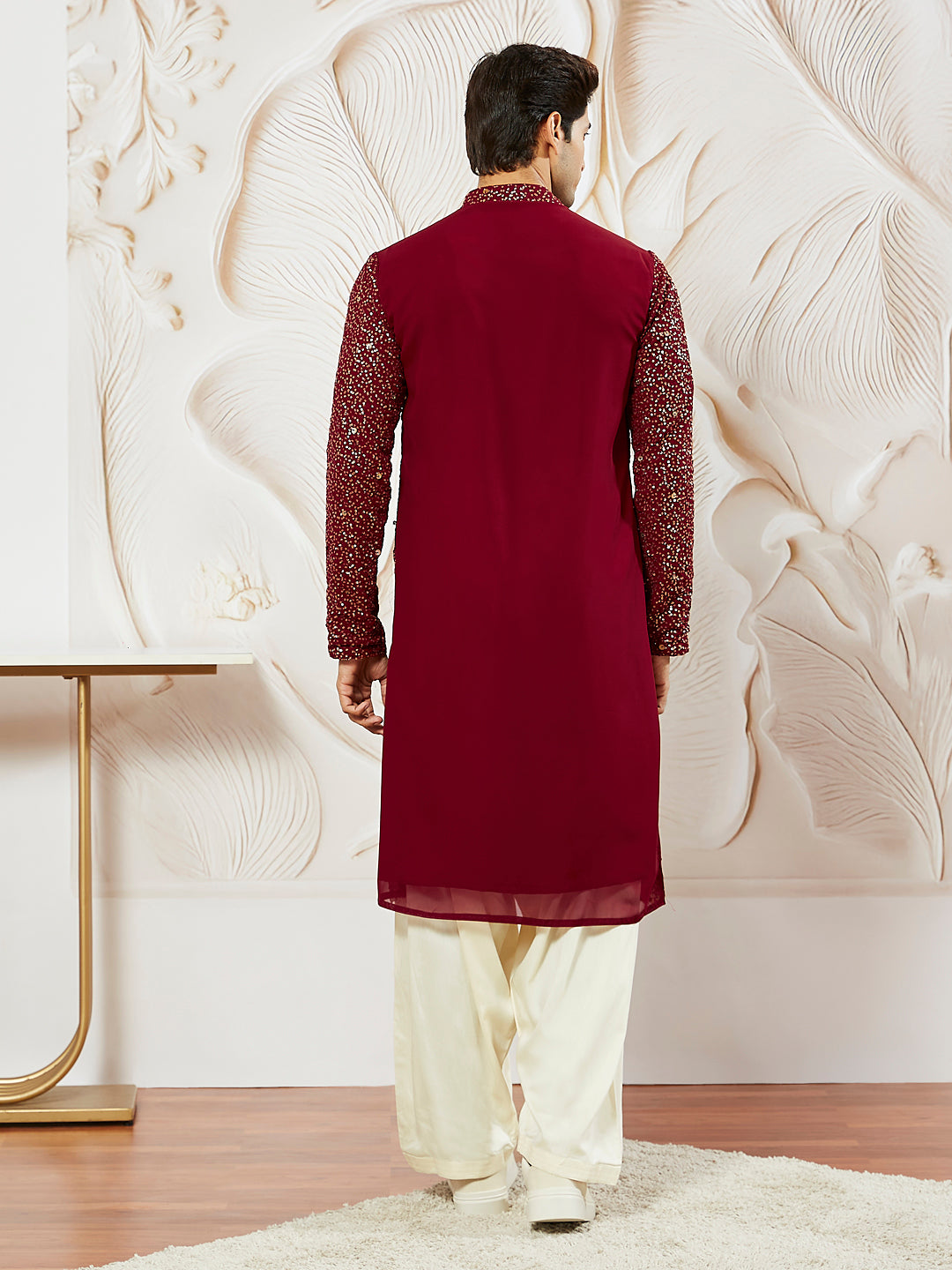 Men's Maroon Georgette Kurta Patiala And Dupatta Set
