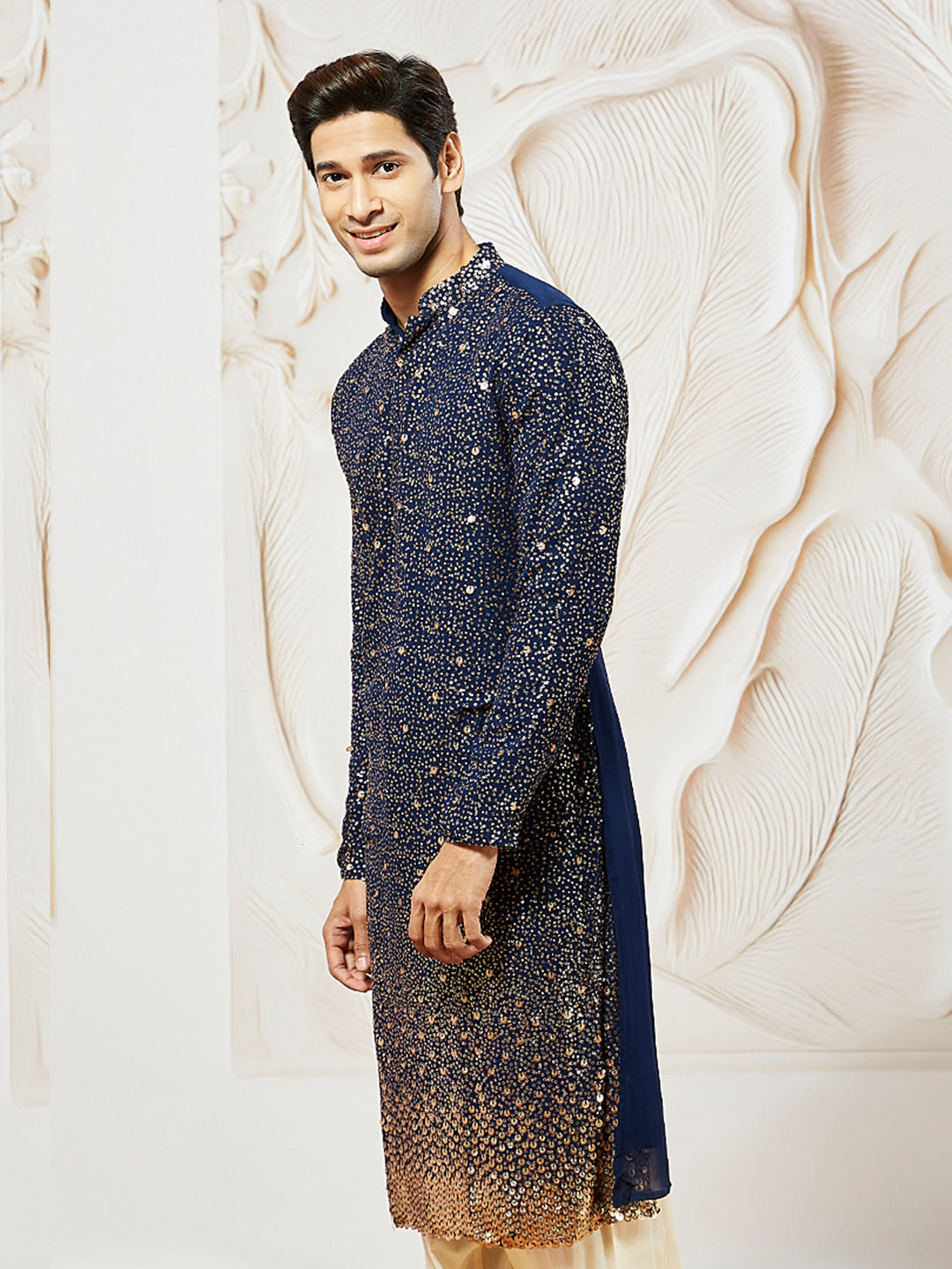 Men's Navy Blue Georgette Zari With Sequins Worked Kurta