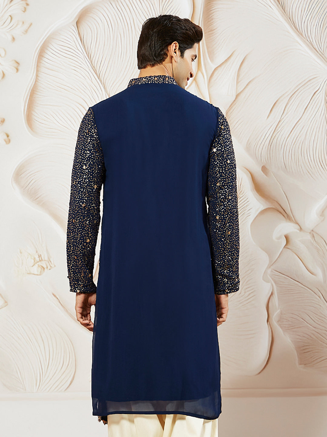 Men's Navy Blue Georgette Zari With Sequins Worked Kurta