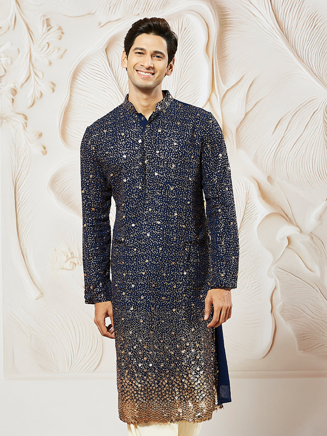 Men's Navy Blue Georgette Zari With Sequins Worked Kurta