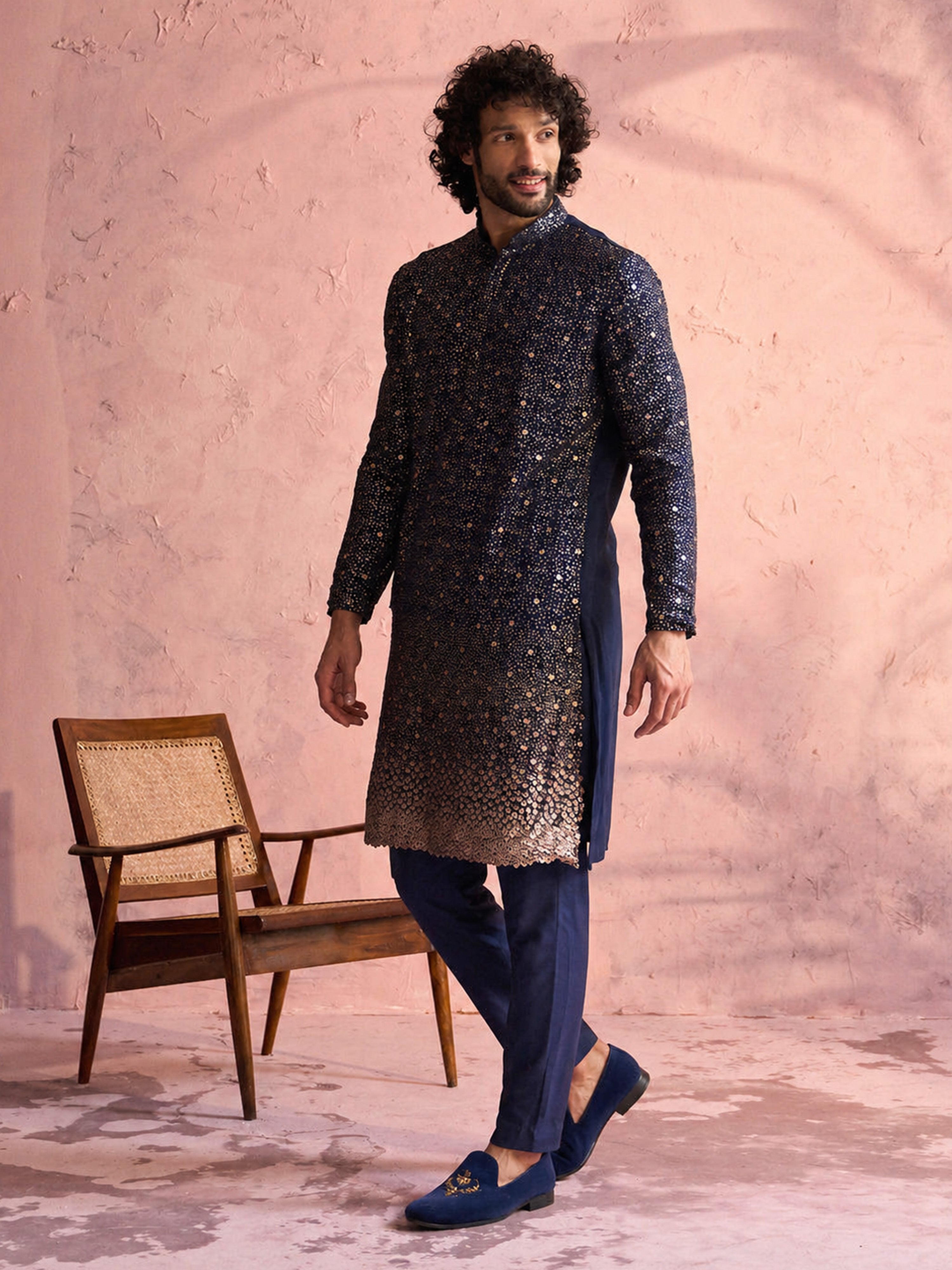 Navy Blue Georgette Sequin Kurta Pant Set for Men