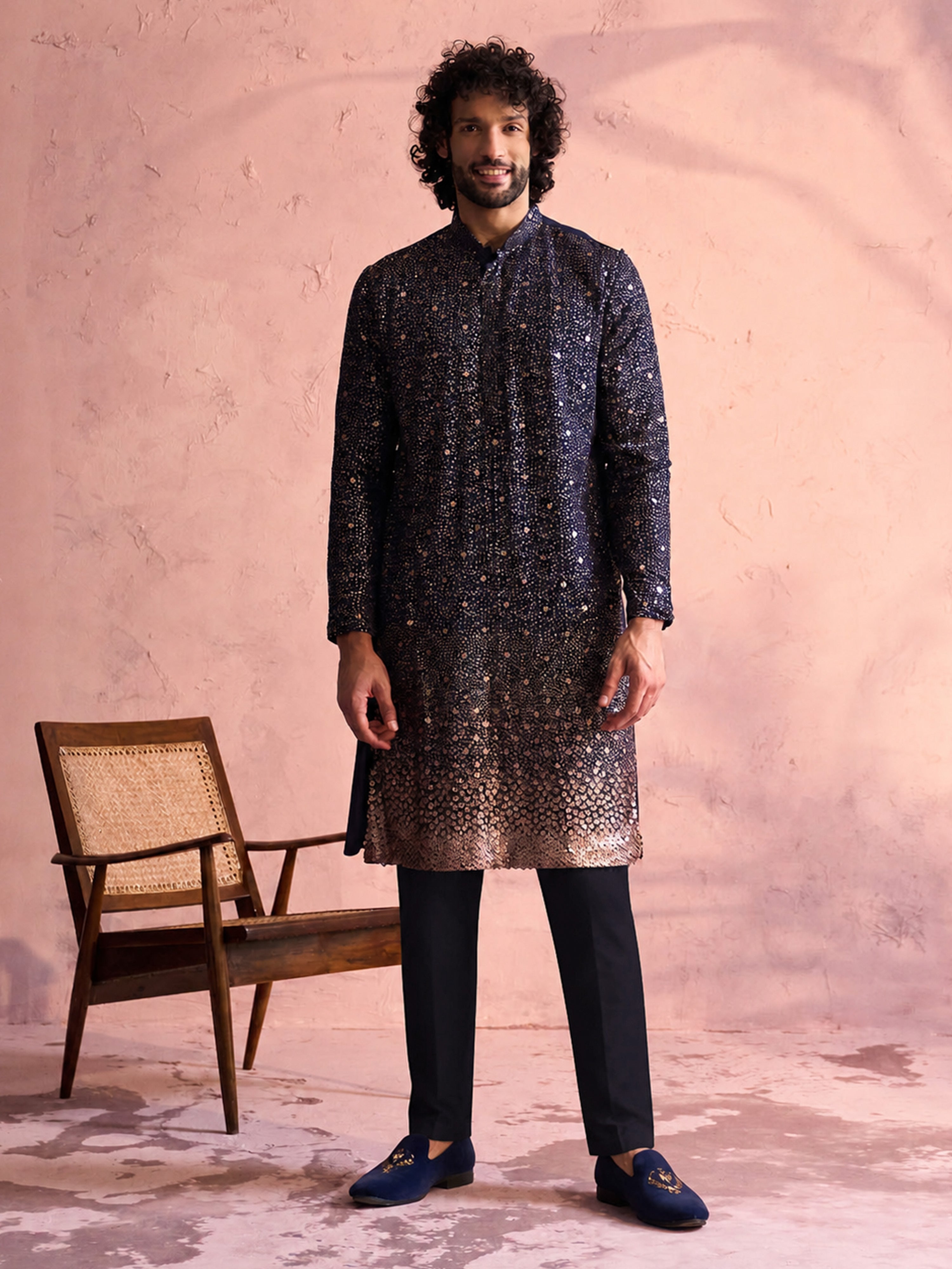 Men Navy Blue Georgette Sequined Kurta Pant Set