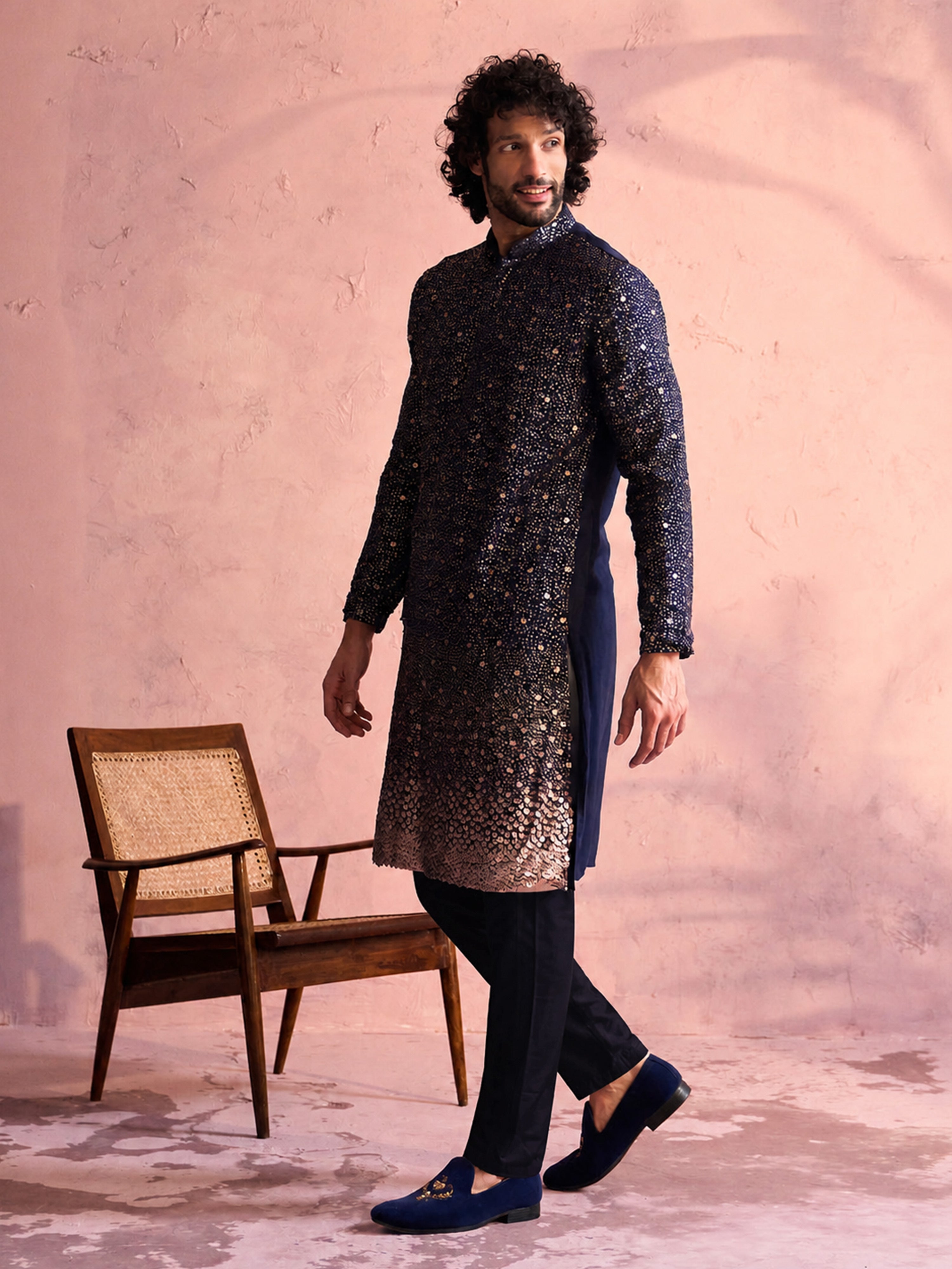 Men's Navy Blue Georgette Ombre Thigh Length Kurta Pant Set with Pant