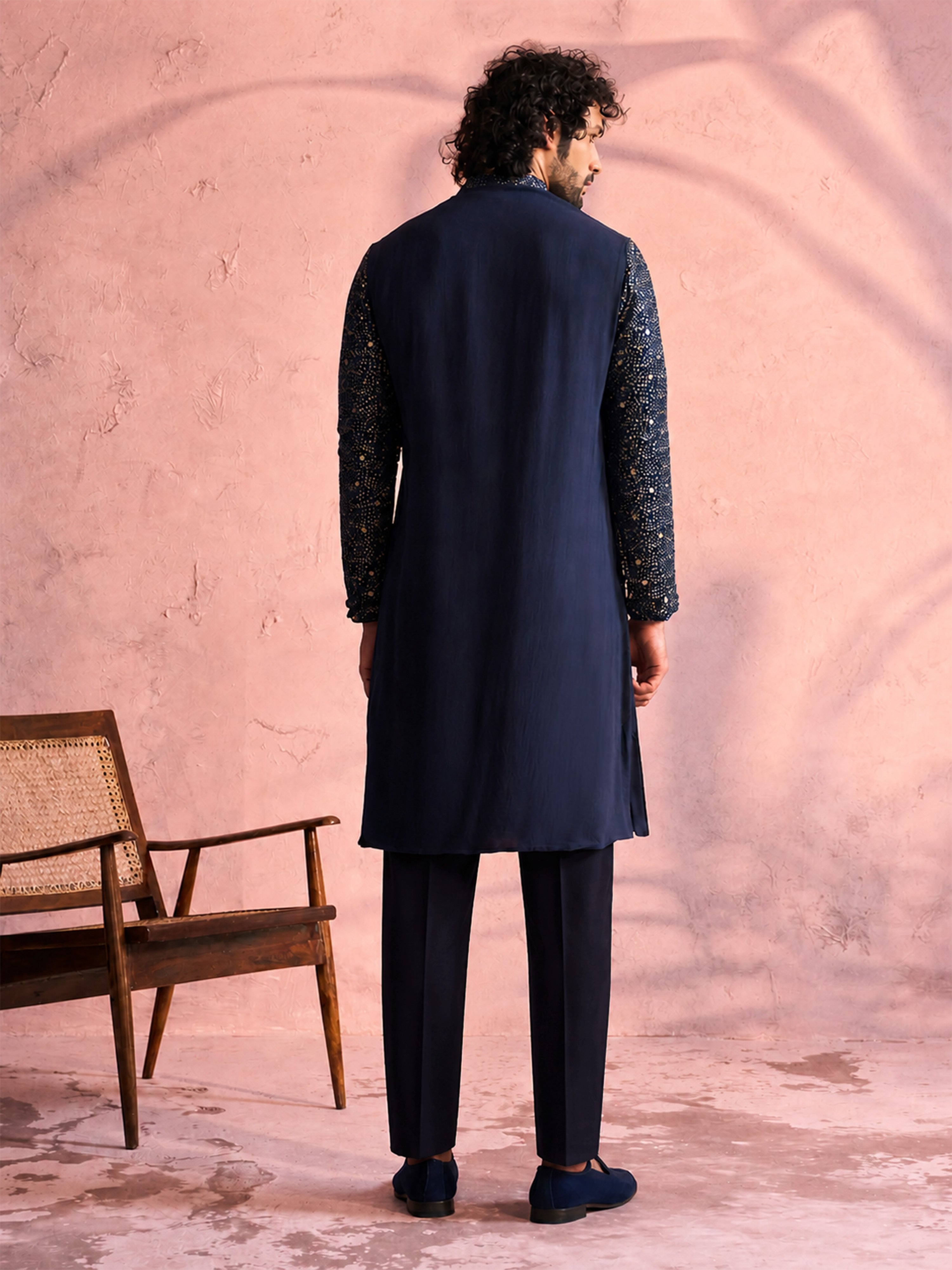 Men's Navy Blue Georgette Ombre Thigh Length Kurta Pant Set with Pant
