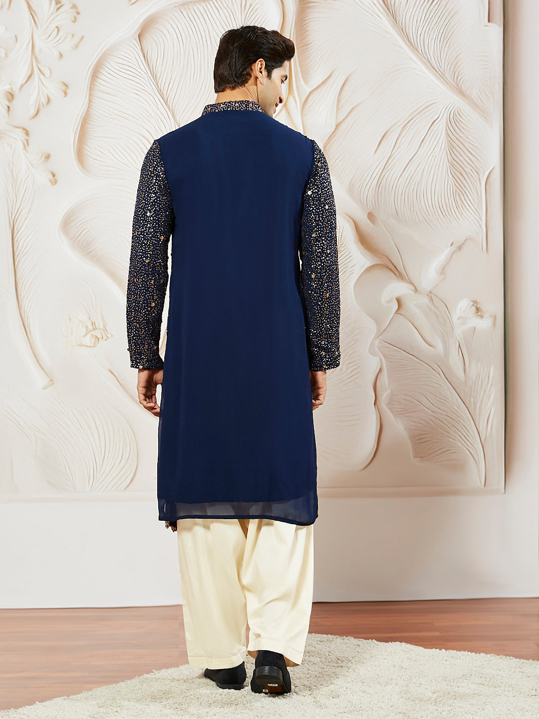 Men's Navy Blue Georgette Zari With Sequins Worked Kurta Patiala Set