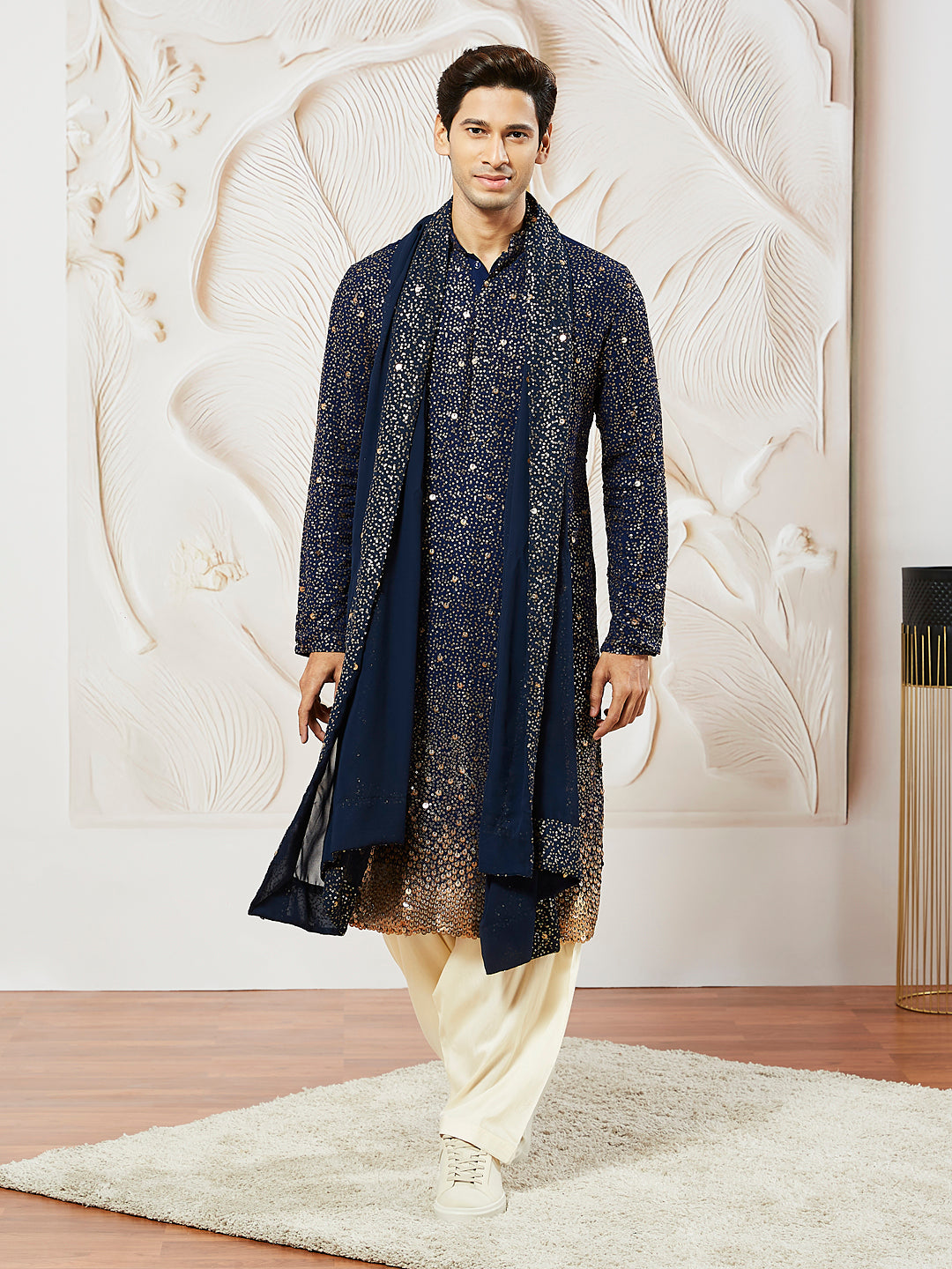 Men's Navy Blue Georgette Kurta Patiala And Dupatta Set