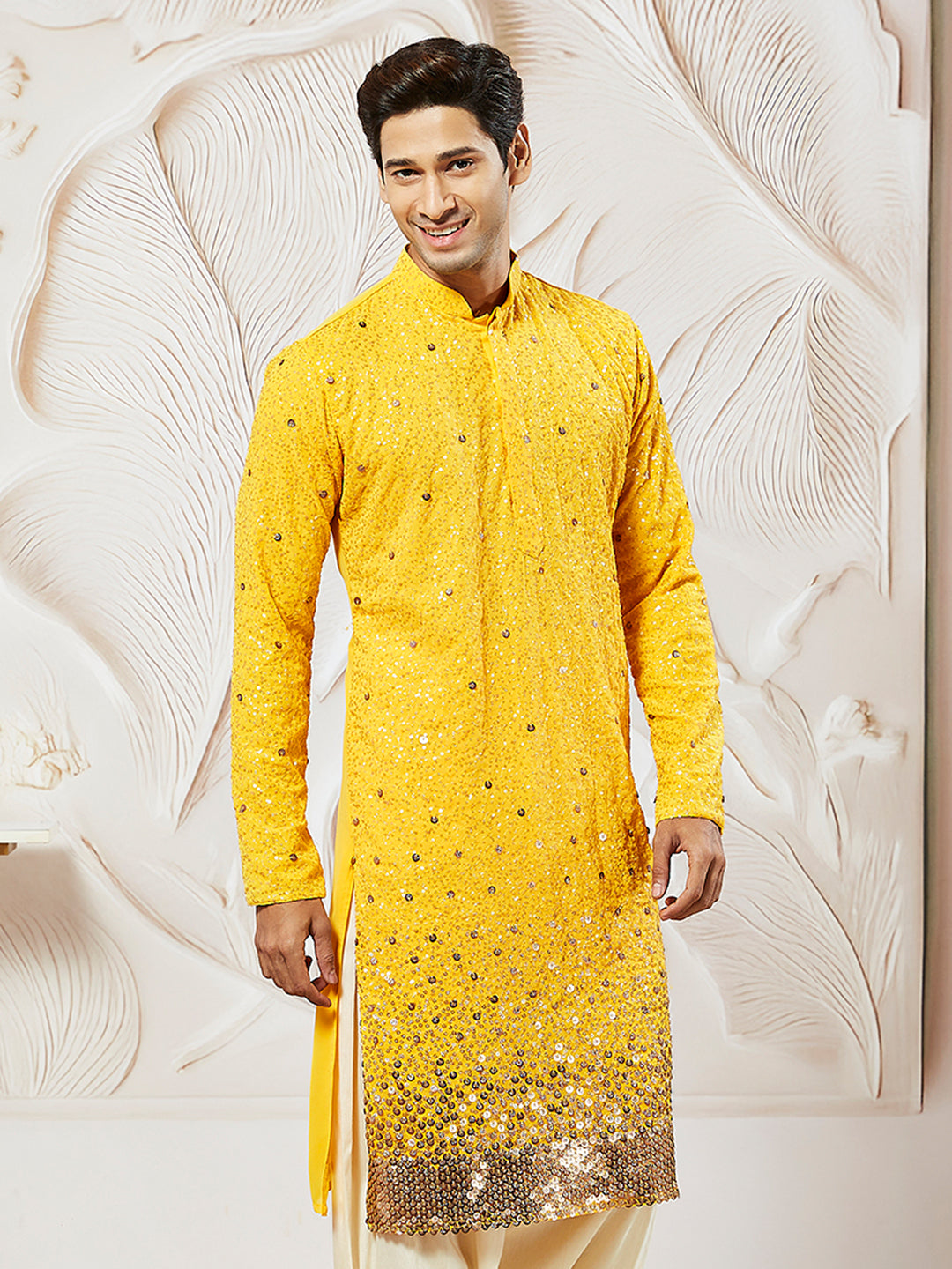 Men's Yellow  Georgette Zari With Sequins Worked Kurta