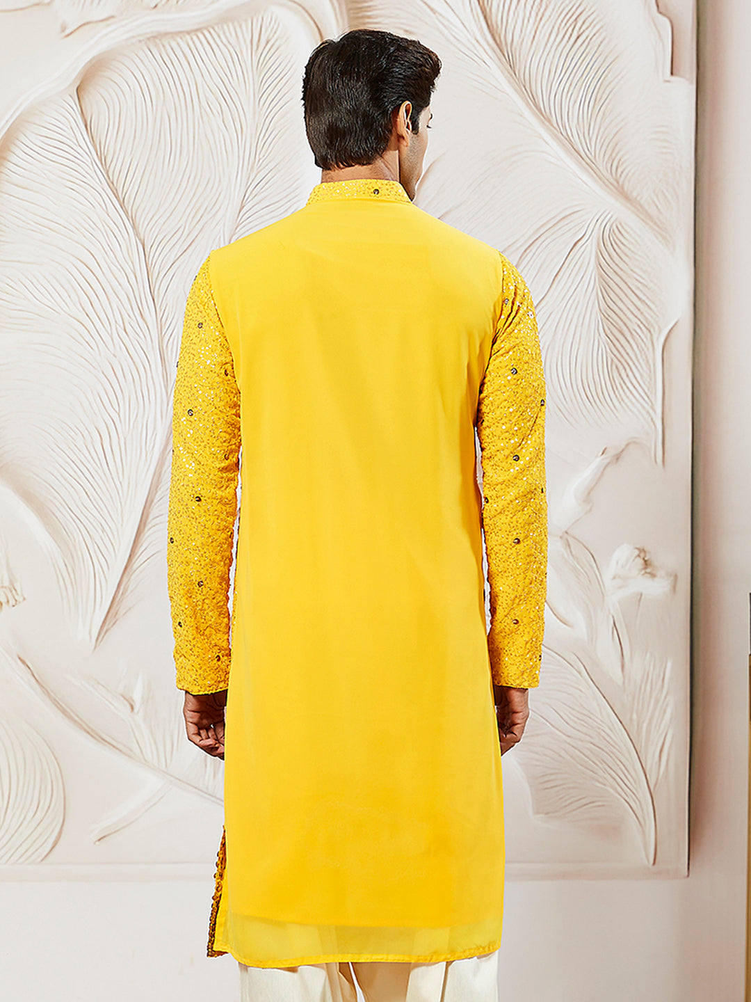 Men's Yellow  Georgette Zari With Sequins Worked Kurta