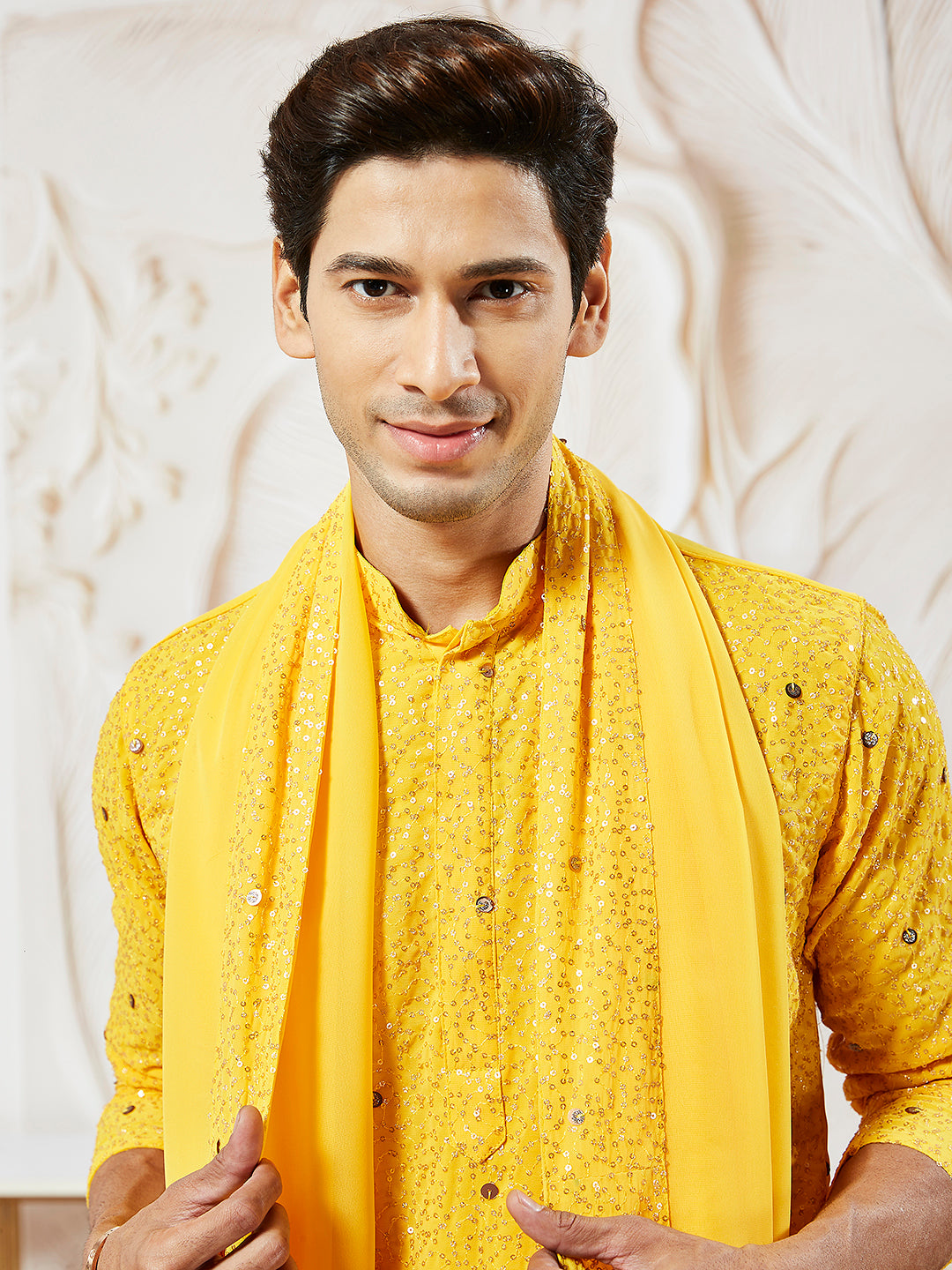 Men's Yellow Georgette Kurta Patiala And Dupatta Set