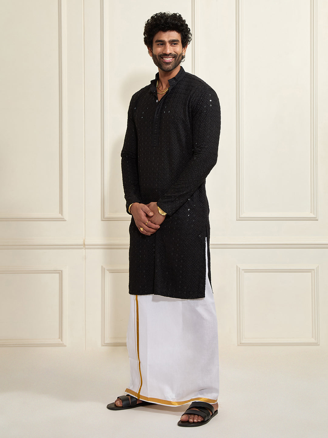 Men's Black Rayon Cotton Kurta And Mundu Set