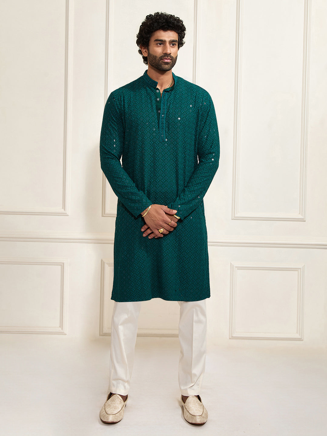 Men's Green And White Rayon Cotton Kurta Pyjama Set