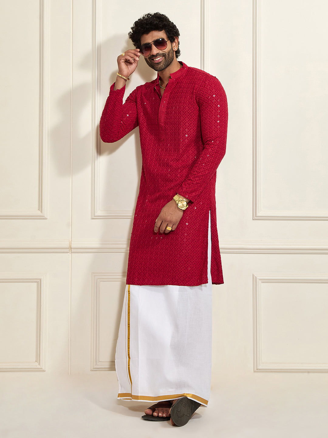 Men's Maroon Rayon Cotton Kurta And Mundu Set