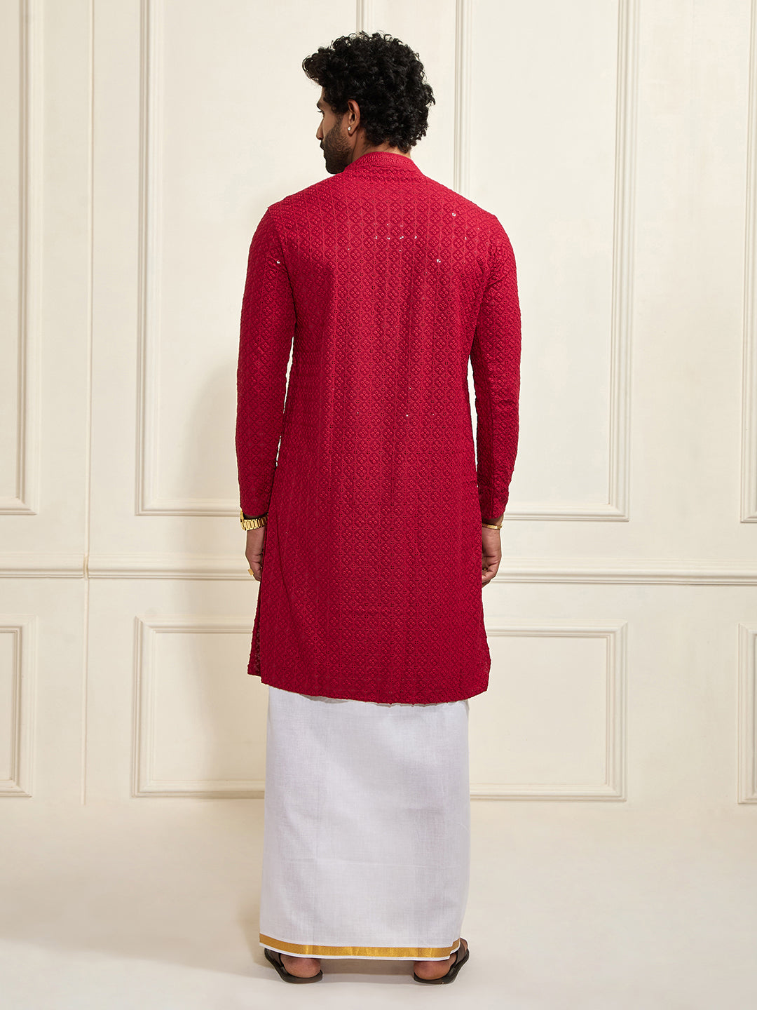 Men's Maroon Rayon Cotton Kurta And Mundu Set