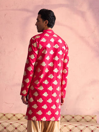 VASTRAMAY Men's Rani Pink Viscose Fish Motif Foil Print Kurta