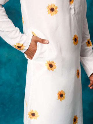 VASTRAMAY Men's White Cotton Blend Sunflower Print Kurta Pant Set
