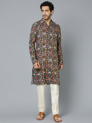 VASTRAMAY Men's Navy Blue Patola Print Ethnic kurta Pyjama Set