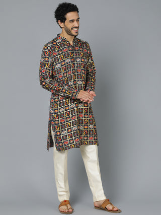 VASTRAMAY Men's Navy Blue Patola Print Ethnic kurta Pyjama Set