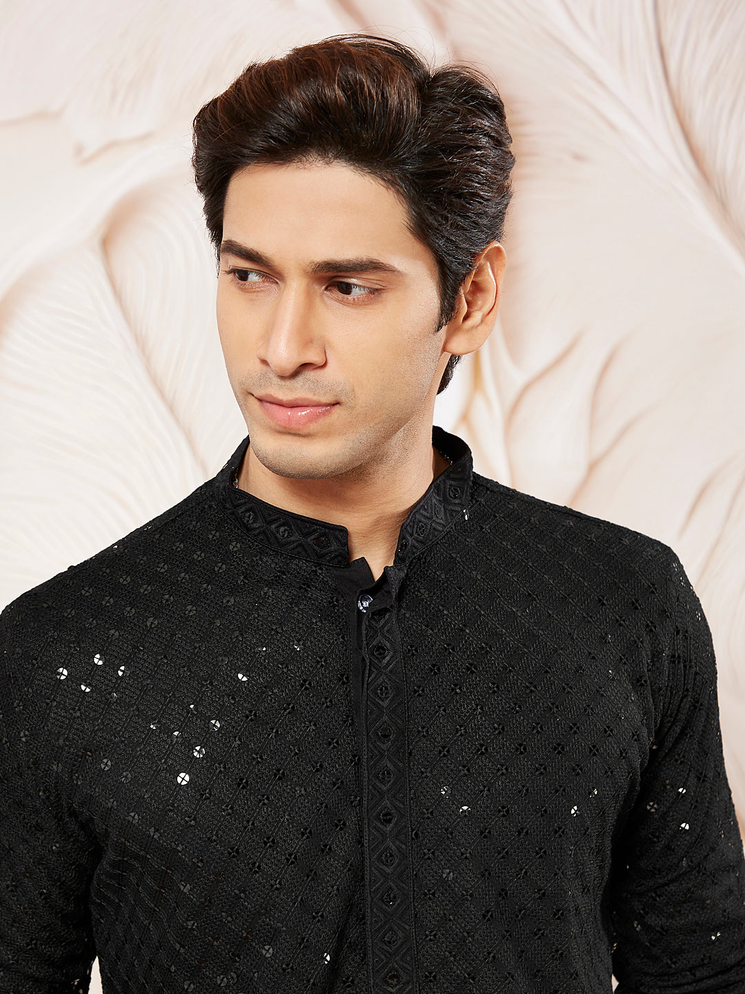 Men's Black Cotton Blend Kurta And Pyjama Set