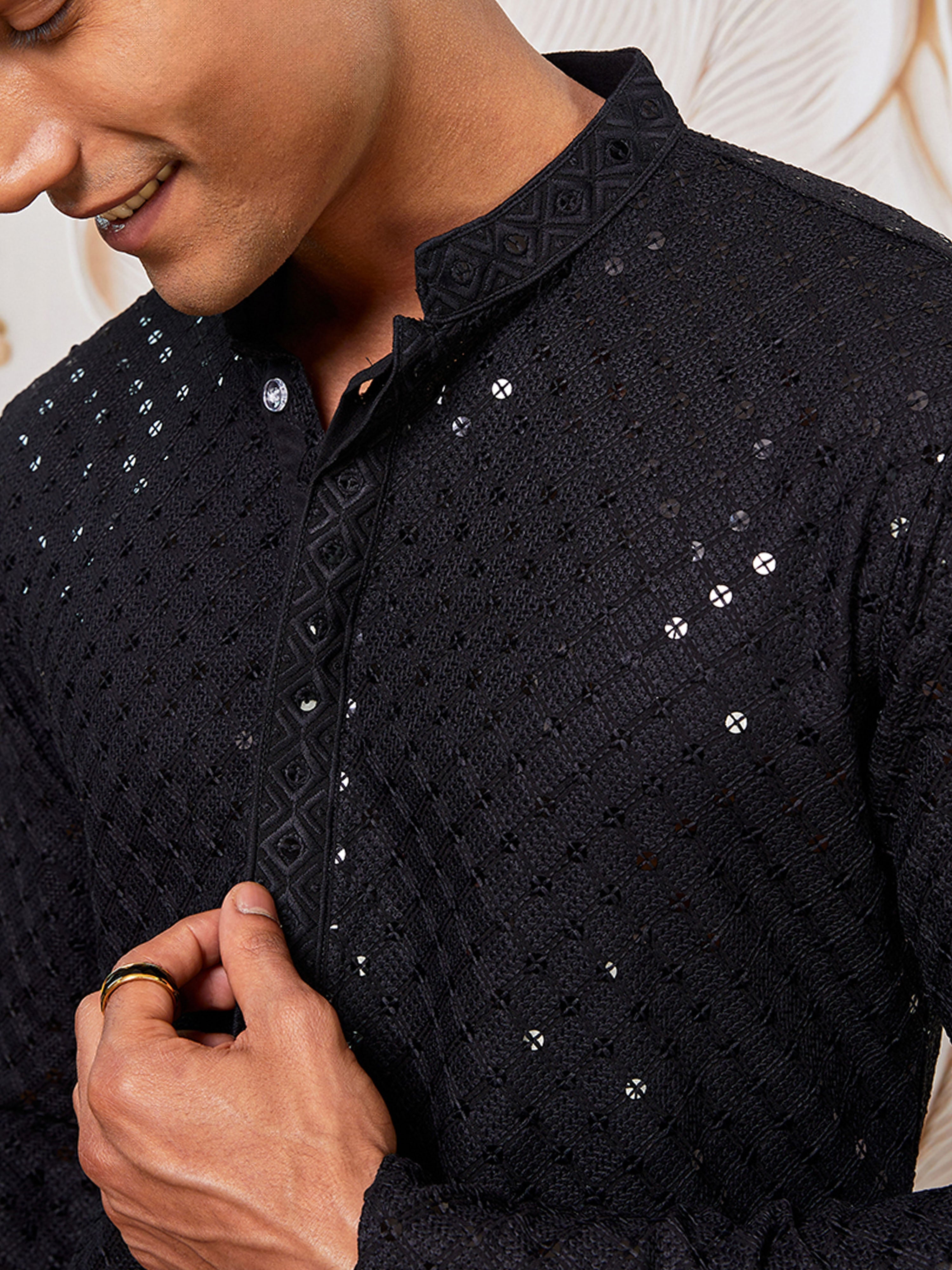 Men's Black Cotton-Blend Geometry Thigh Length Kurta Pant Set with Pyjama
