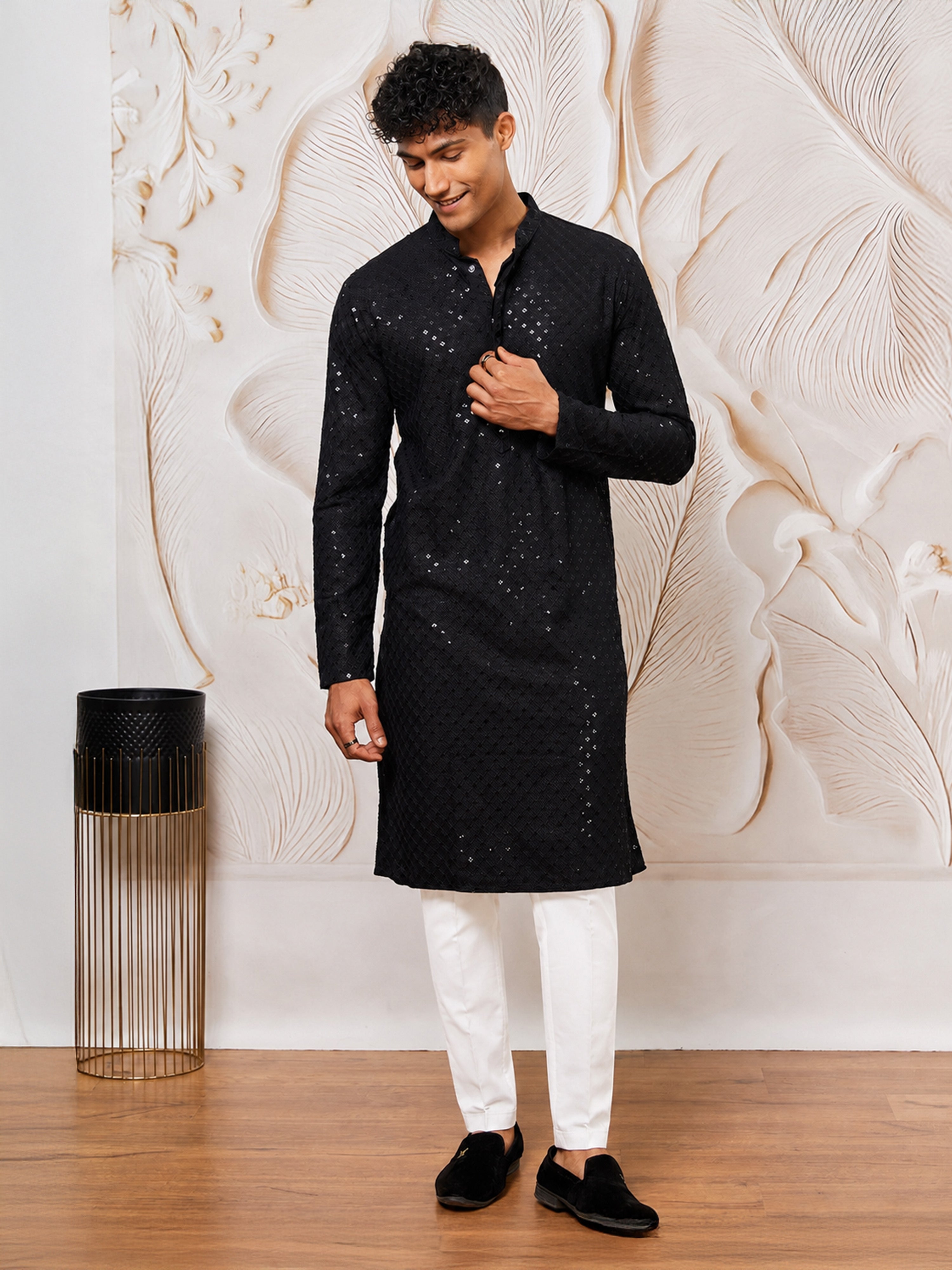 Men's Black Cotton-Blend Geometry Thigh Length Kurta Pant Set with Pyjama
