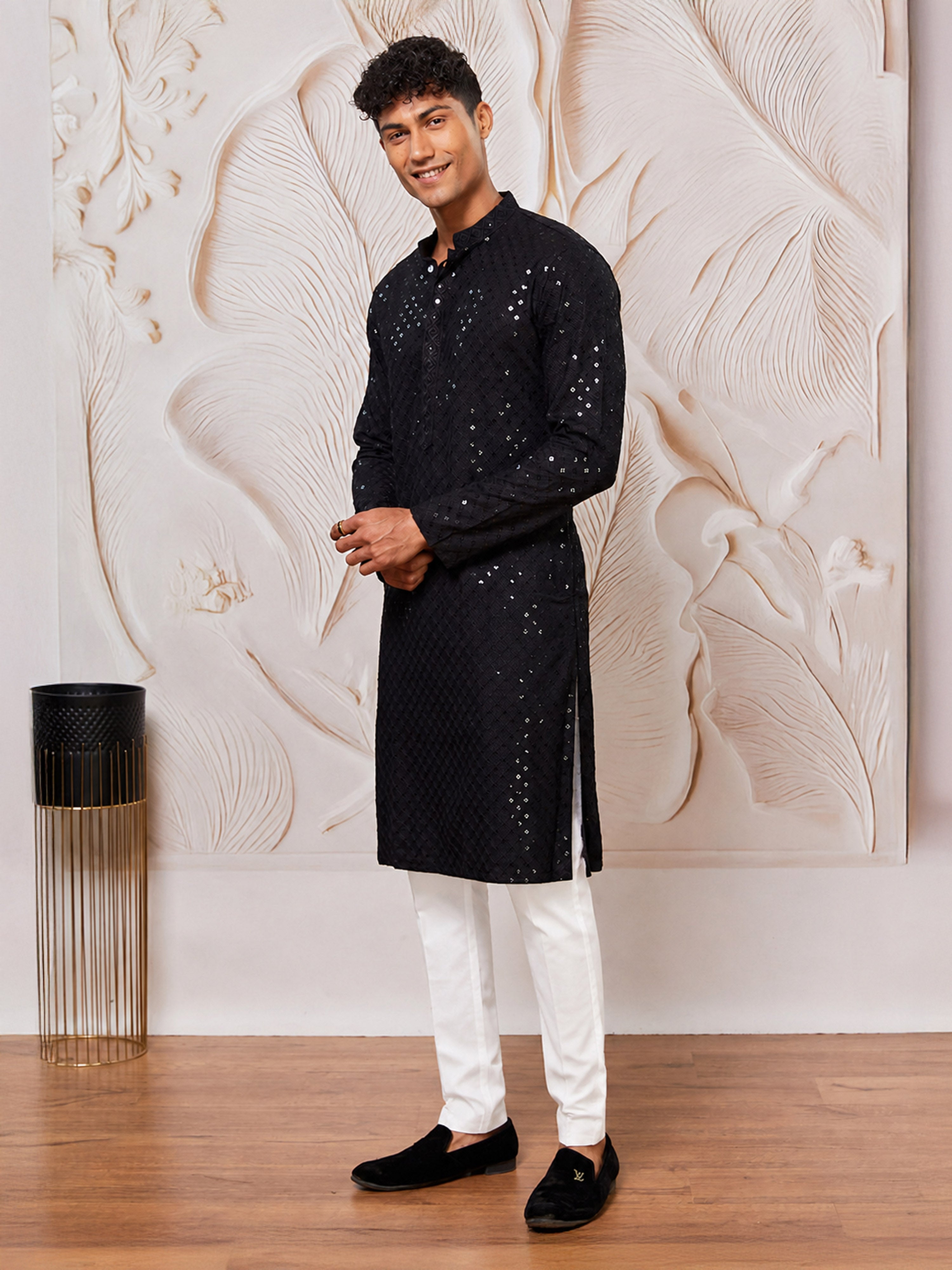 Men's Black Cotton-Blend Geometry Thigh Length Kurta Pant Set with Pyjama