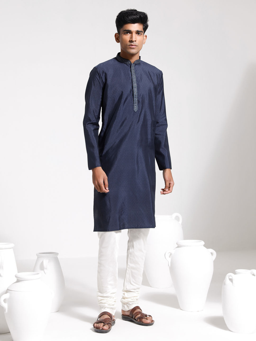 Men's Navy Blue Silk Blend Kurta