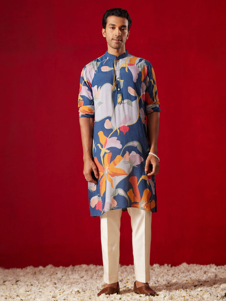 Men Multi Color Base Blue All Over Floral Print Cotton Blend Kurta with Fine Satin Pyjama Set