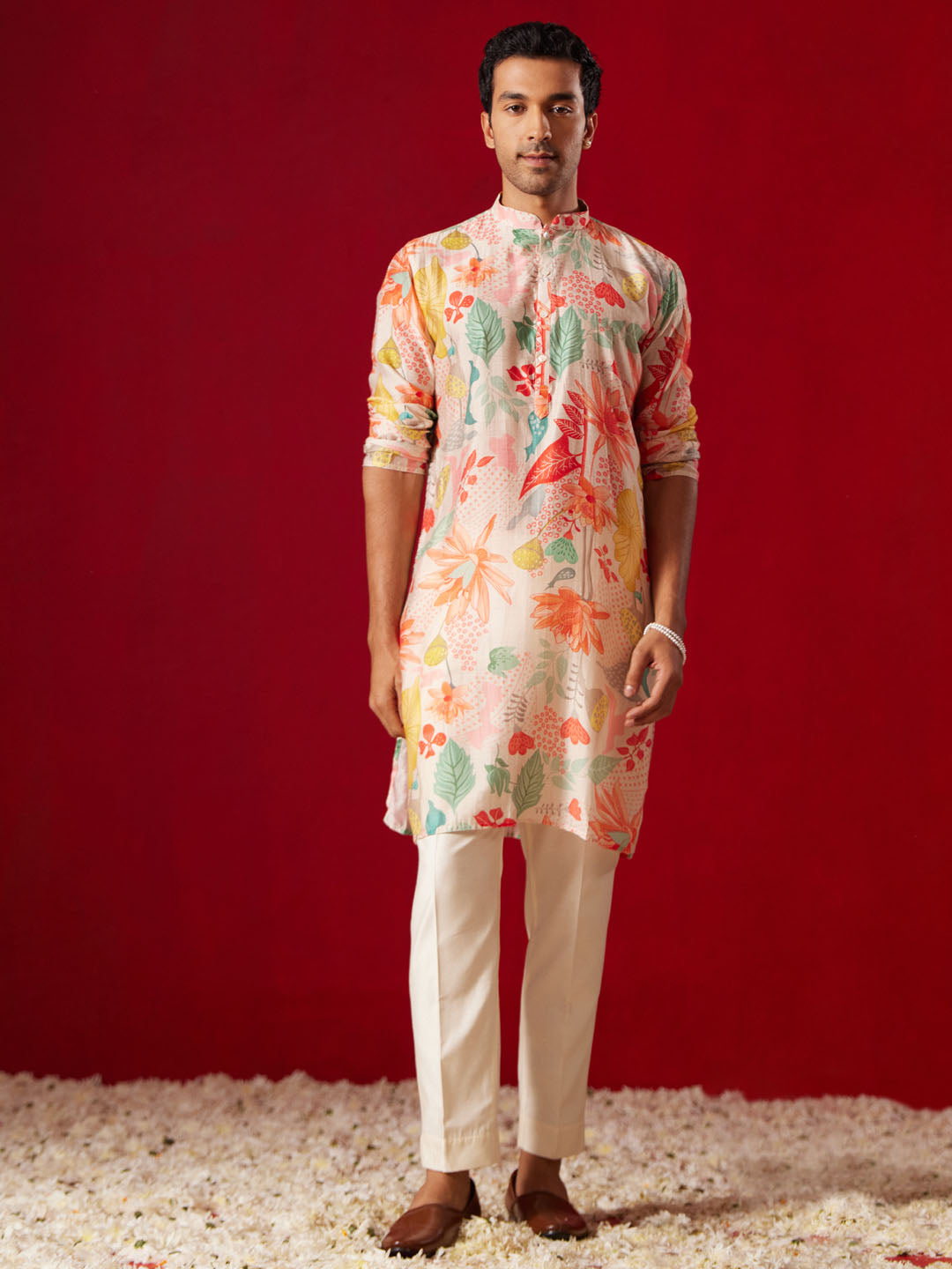 Men Multi Color Base Pink All Over Floral Print Cotton Blend Kurta with Fine Satin Pyjama Set