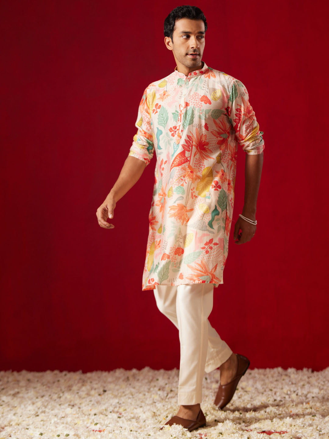 Men Multi Color Base Pink All Over Floral Print Cotton Blend Kurta with Fine Satin Pyjama Set